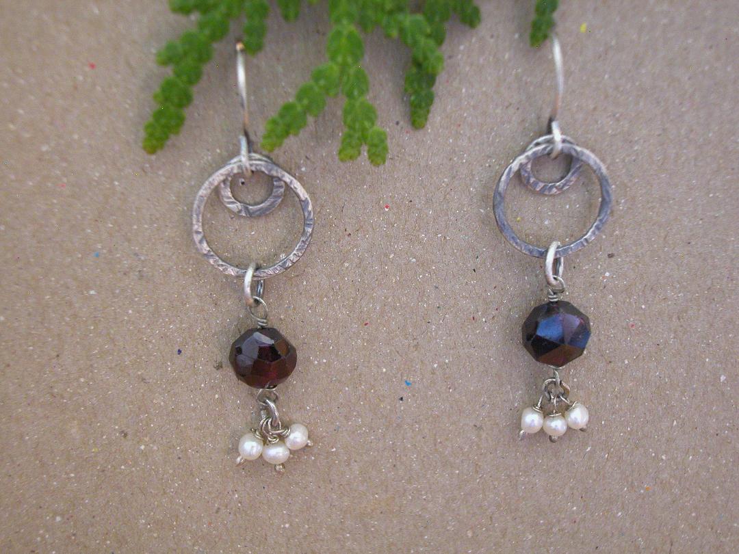Circle Stick Earrings, Sterling, Garnet and Pearls