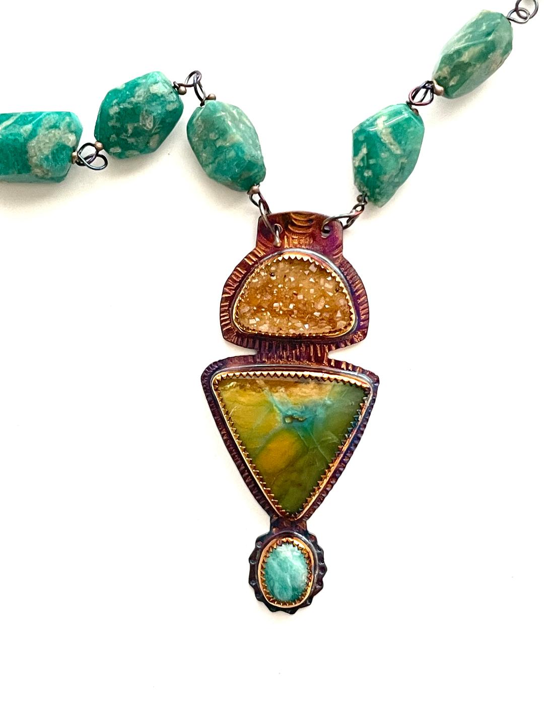 Sterling Silver, Natural Quartz Druzy, Blue Opal Petrified Wood and Amazonite Necklace with Amazonite Beads