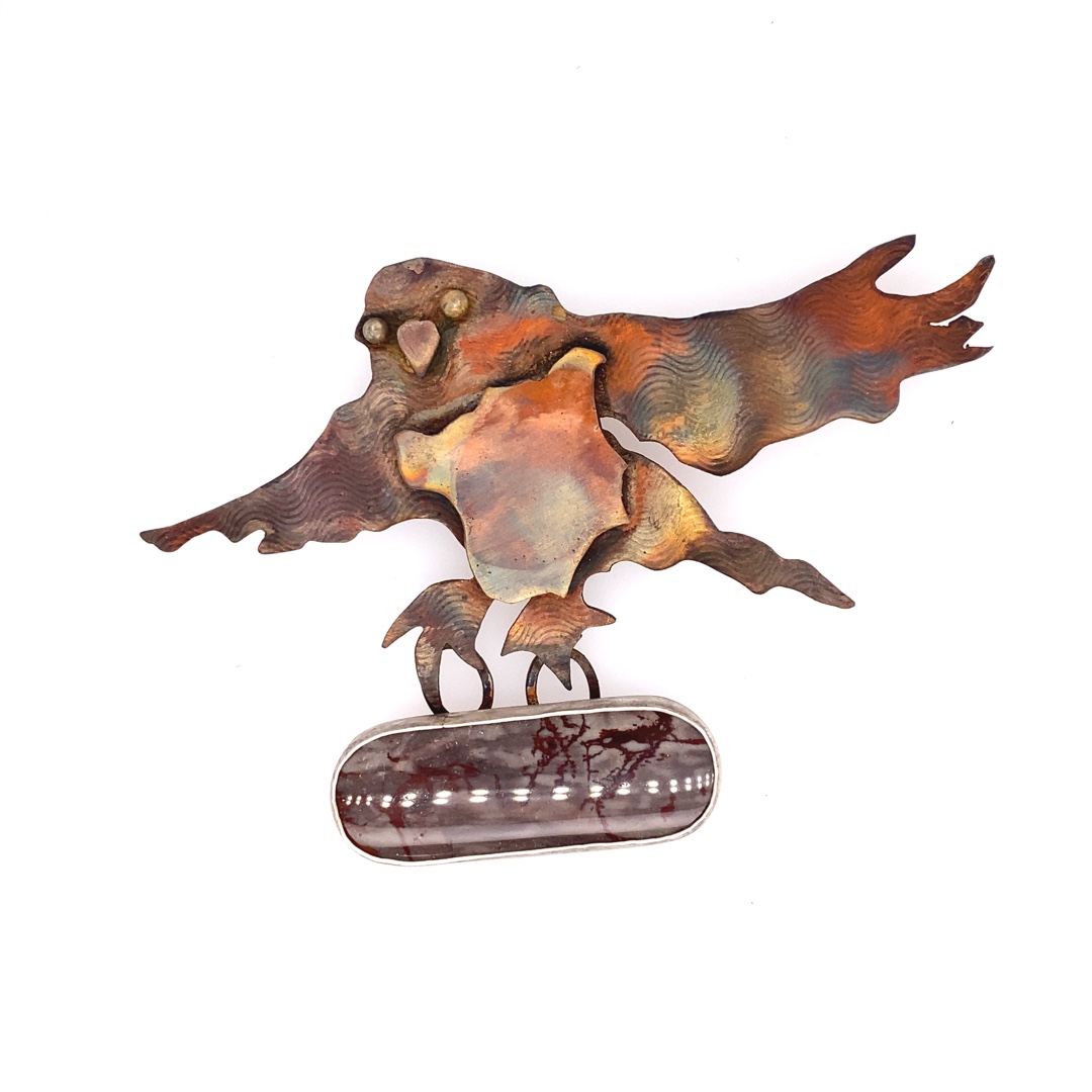 Flying Bird Pin with Red Mountain Jasper, Copper, Sterling Silver and Bronze