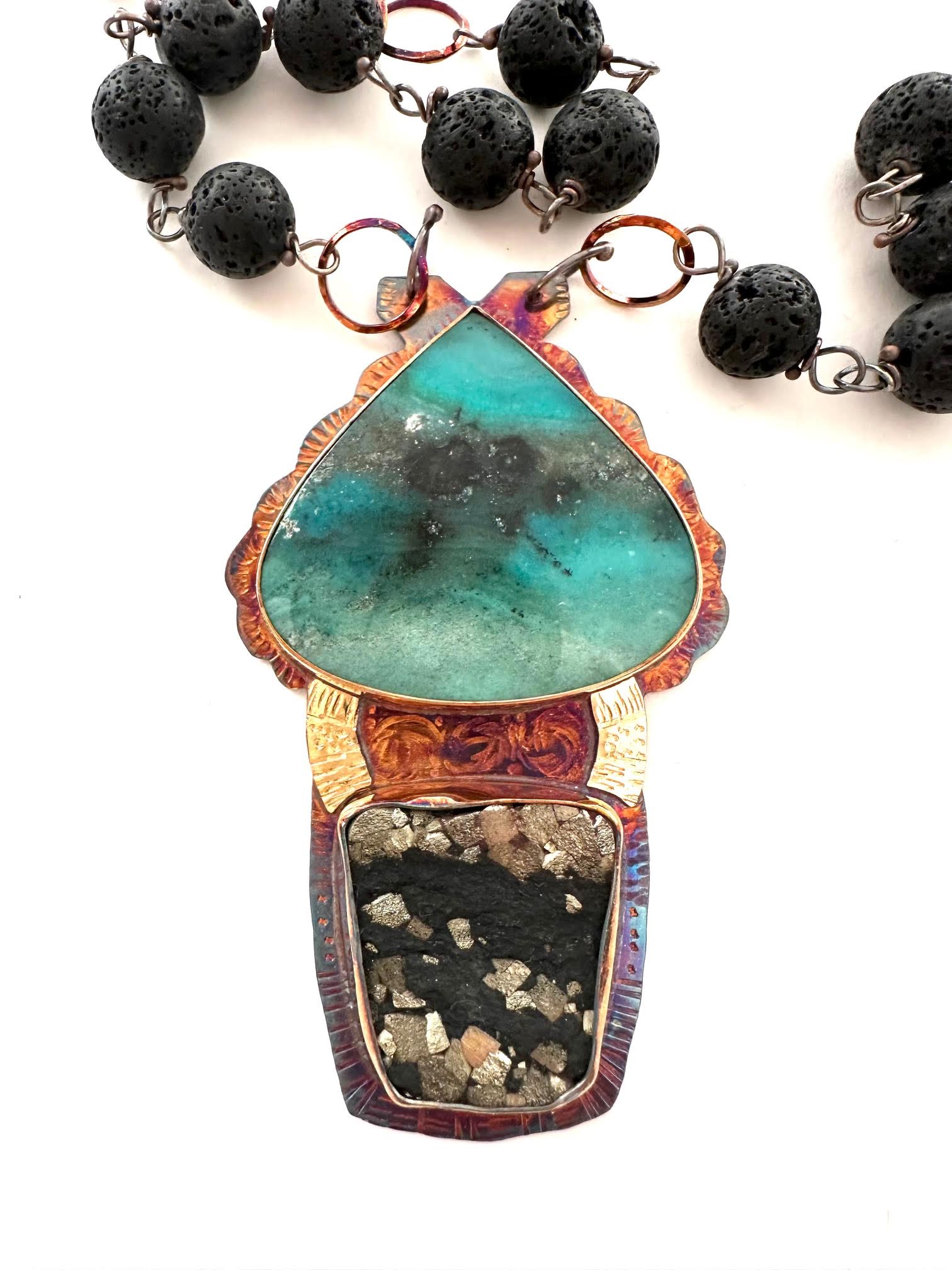 Image of Sterling Silver, Fine Silver Bezels, 18k Gold, Blue Opal Wood, and Pyrite in Schist Necklace with Lava Rock Beads Strung on Sterling Silver Chain with Lobster Clasp by Julie Shaw