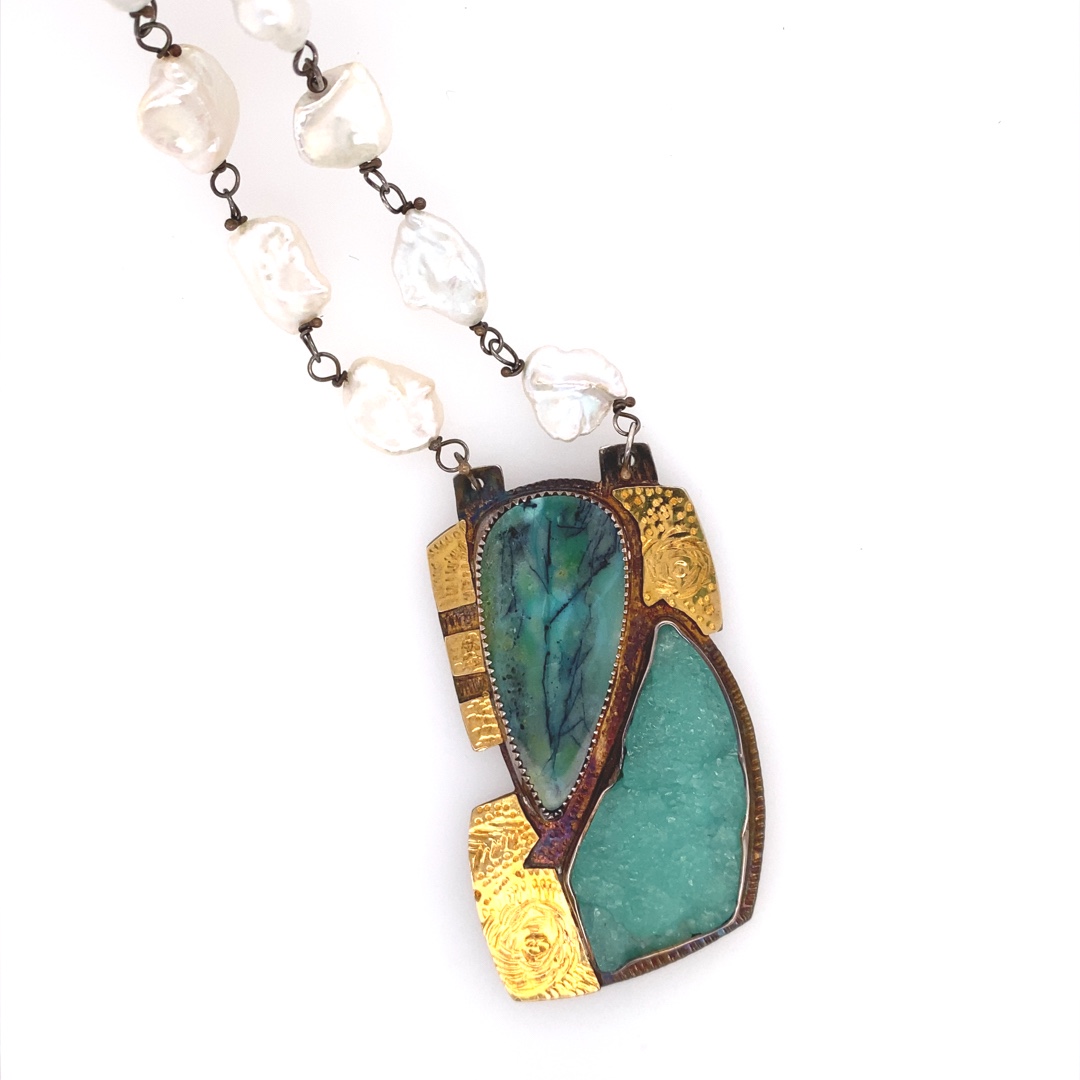 Image 1 for Blue Opal Petrified Wood and Rare Natural Surface Varisite Druzy Necklace on Pearls Blue Opal Petrified Wood and Rare Natural Surface Varisite Druzy Necklace on Pearls