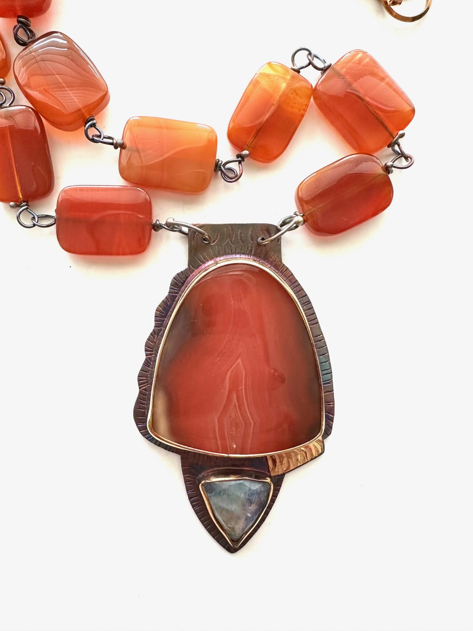 Image of Sterling Silver, Fine Silver Bezels, 18k Gold, Swazi Agate, and Rainbow Moonstone Necklace with Carnelian Beads on Sterling Silver Chain and a Magnetic Clasp by Julie Shaw
