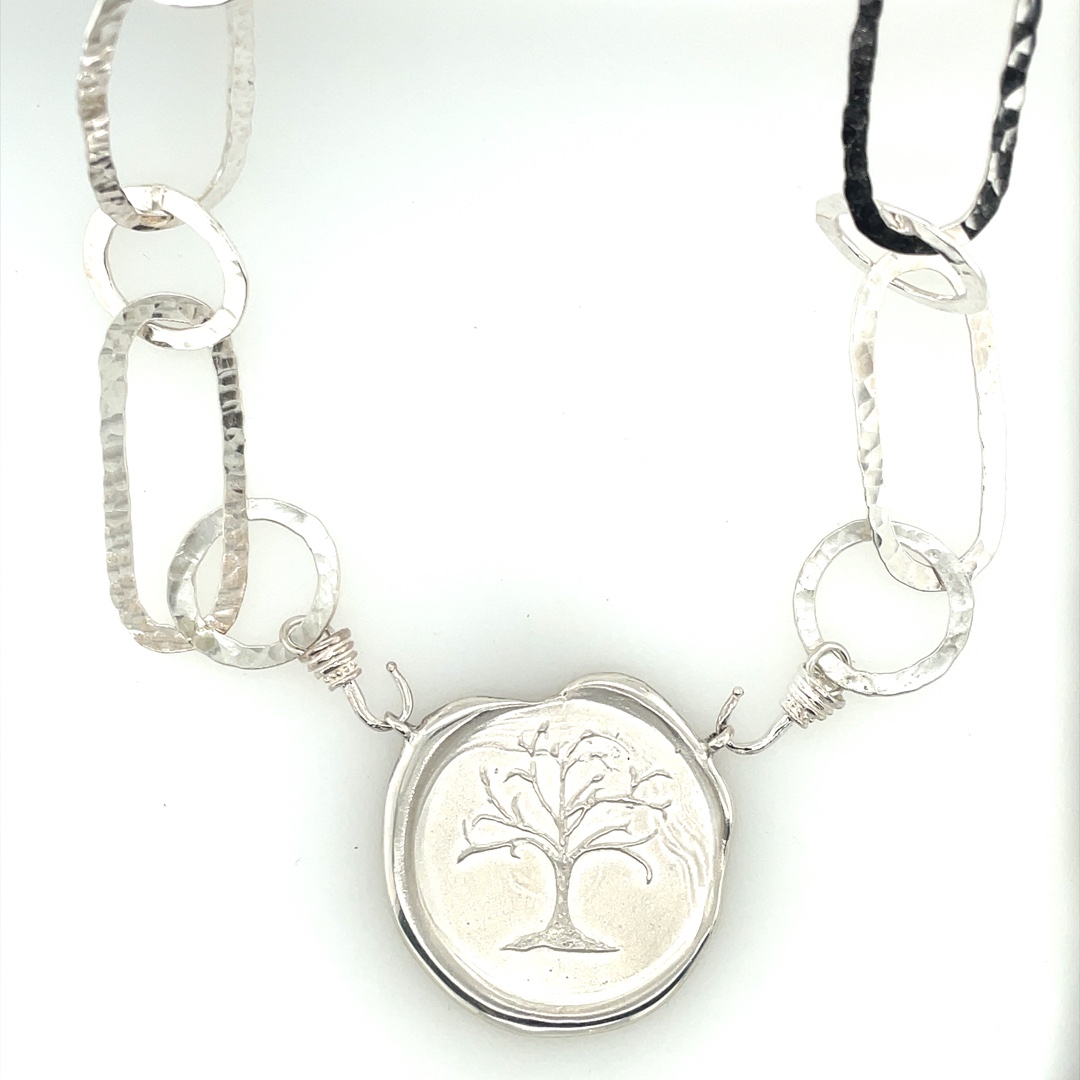 Wide and longer hammered, sterling, silver, oval and circular necklace, strand for interchangeable centerpieces. Sterling is lacquered, so should not tarnish.