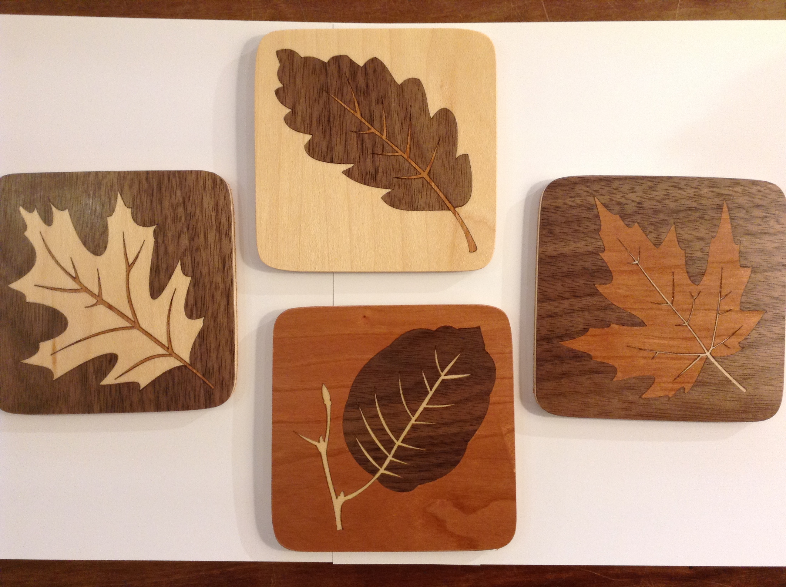 Wood Carved Coasters with Grape Leaf or Oak Leaf Inlay