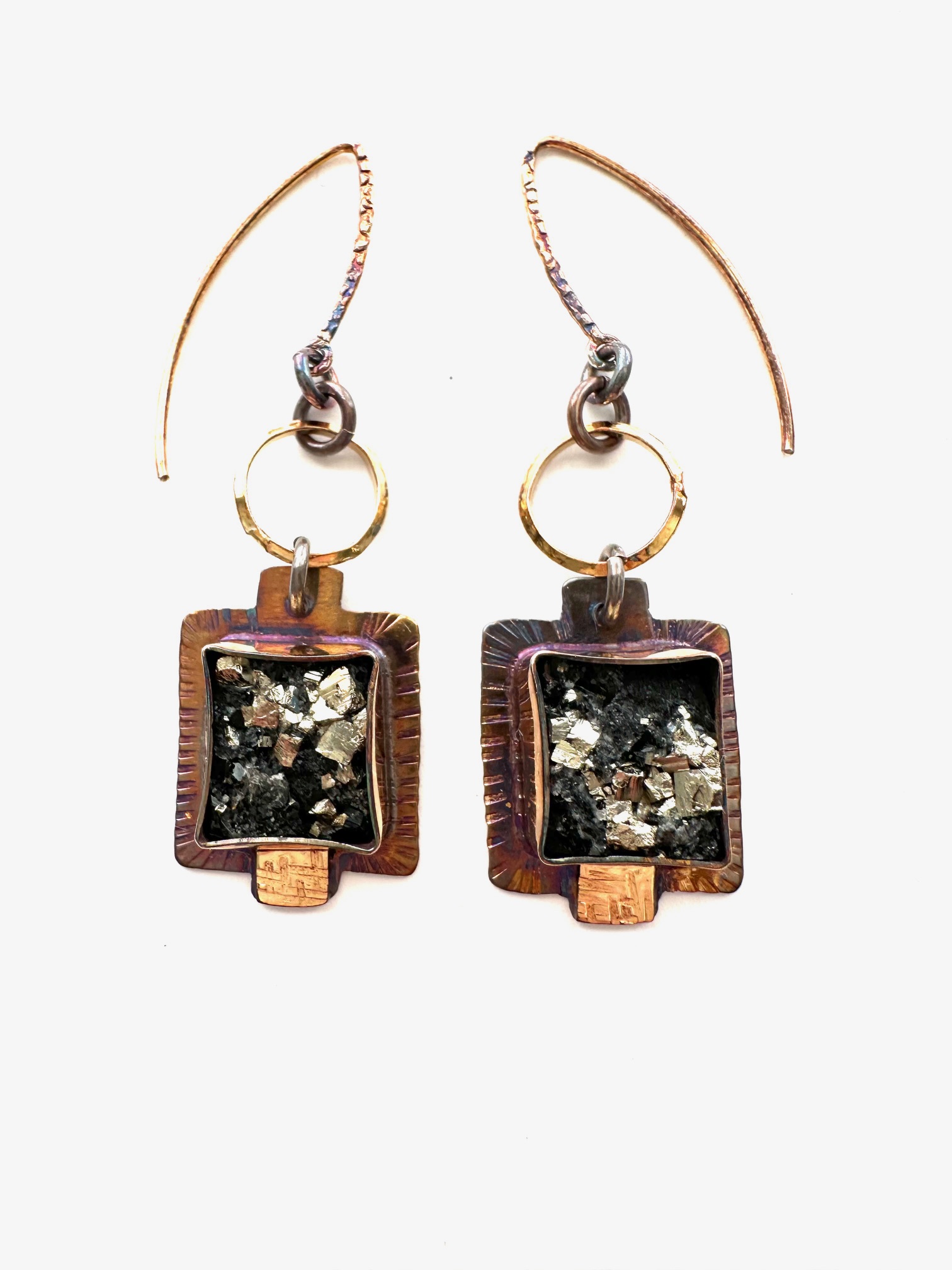 Image of Sterling Silver, Fine Silver Bezel, 18k Gold, and Pyrite in Schist Earrings by Julie Shaw