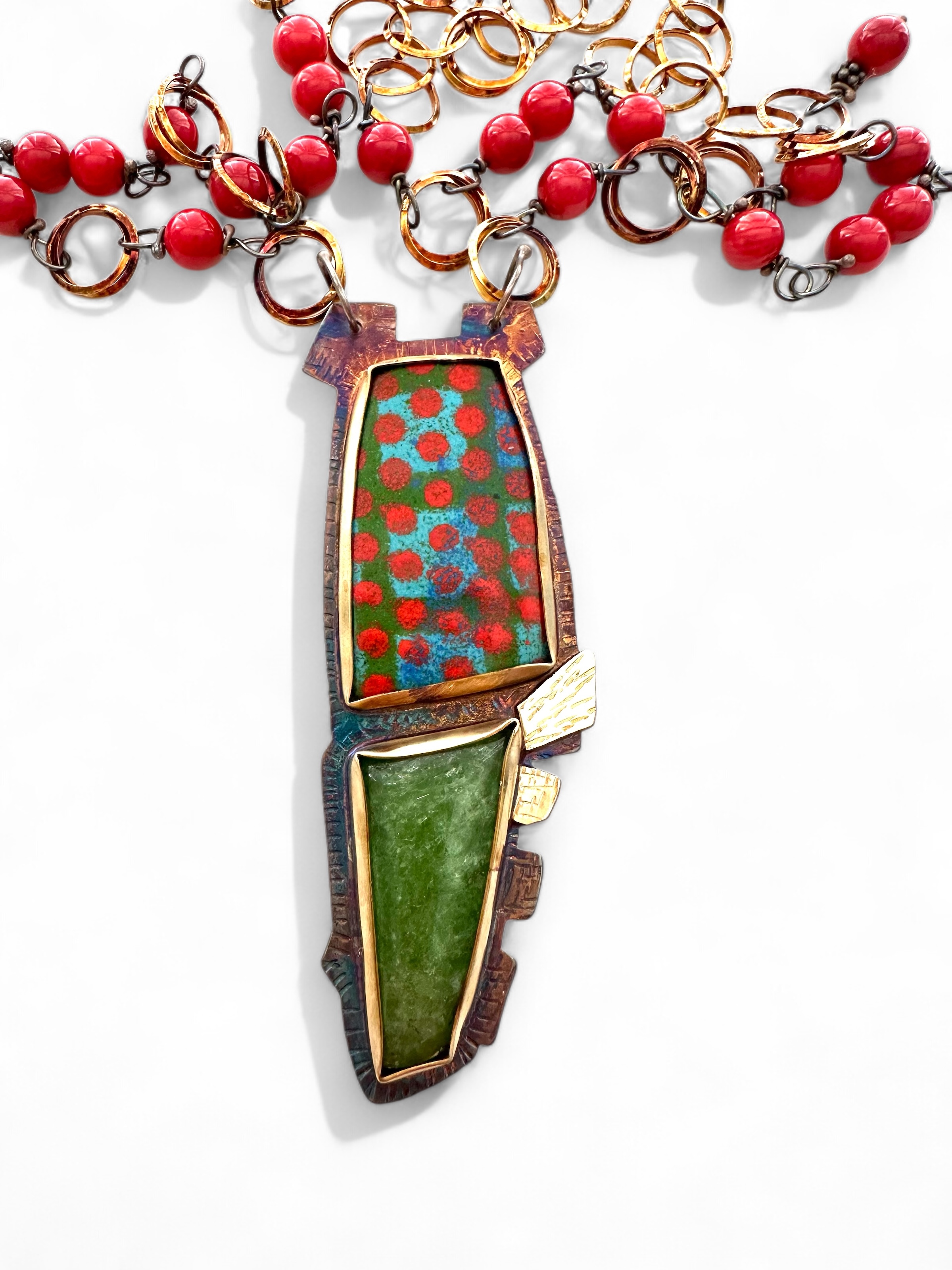 Image of 7 Sterling Silver, Fine Silver Bezels, 18k Gold, Enamel and Serpentine Necklace with Sterling Silver Chain, Coral Beads, and Lobster Clasp by Julie Shaw