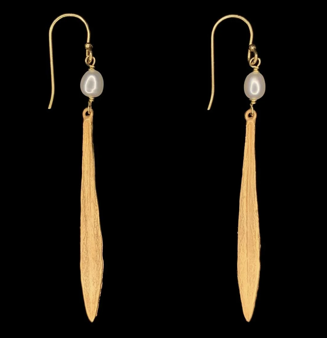 Leaf & Bud Long Drop Earrings with Pearls