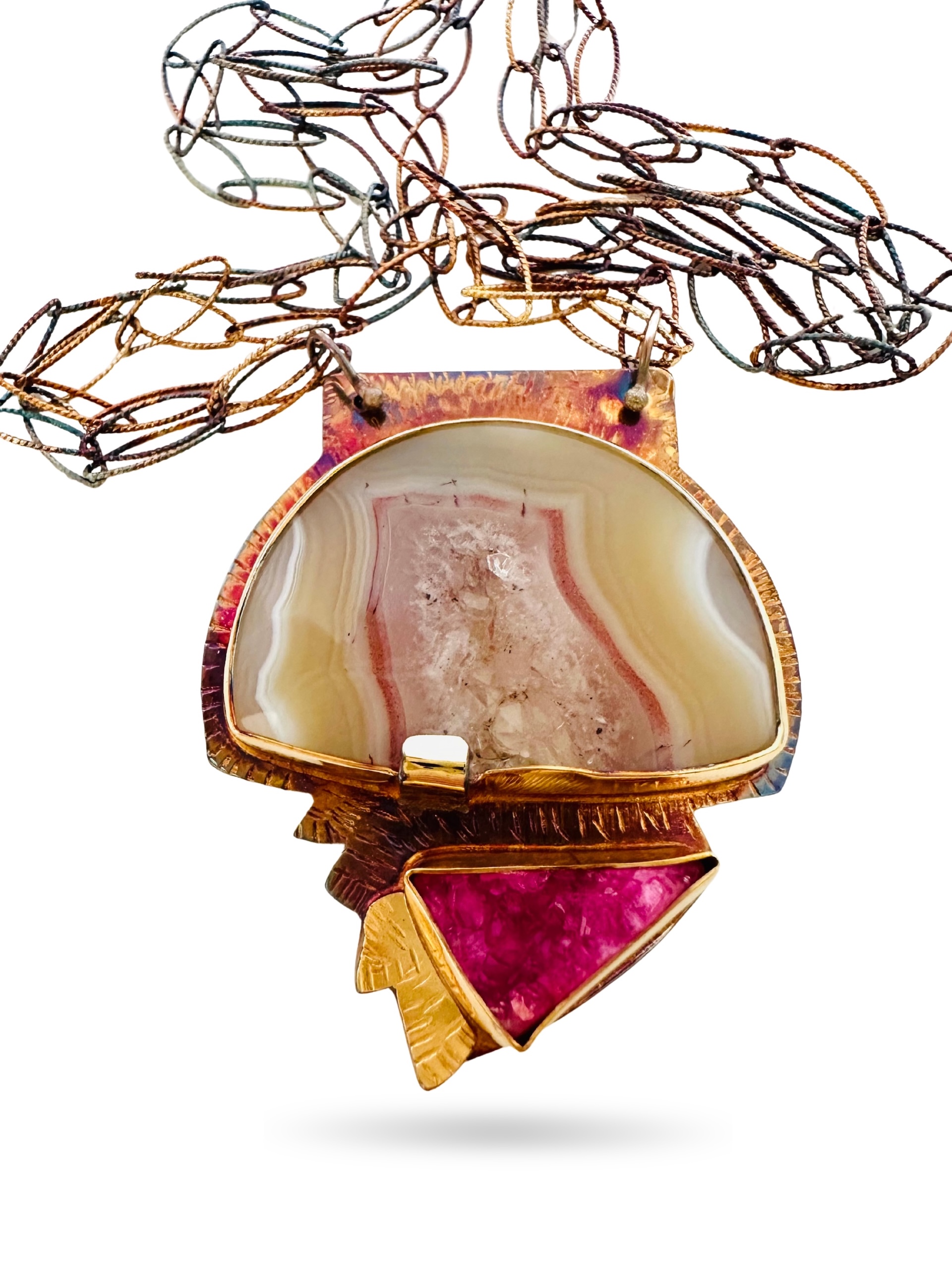 Image of 3 Sterling Silver, Fine Silver Bezels, 18k Gold, Cobalto Calcite Druzy, and Laguna Beach Agate with Sterling Silver Chain and Lobster Clasp by Julie Shaw