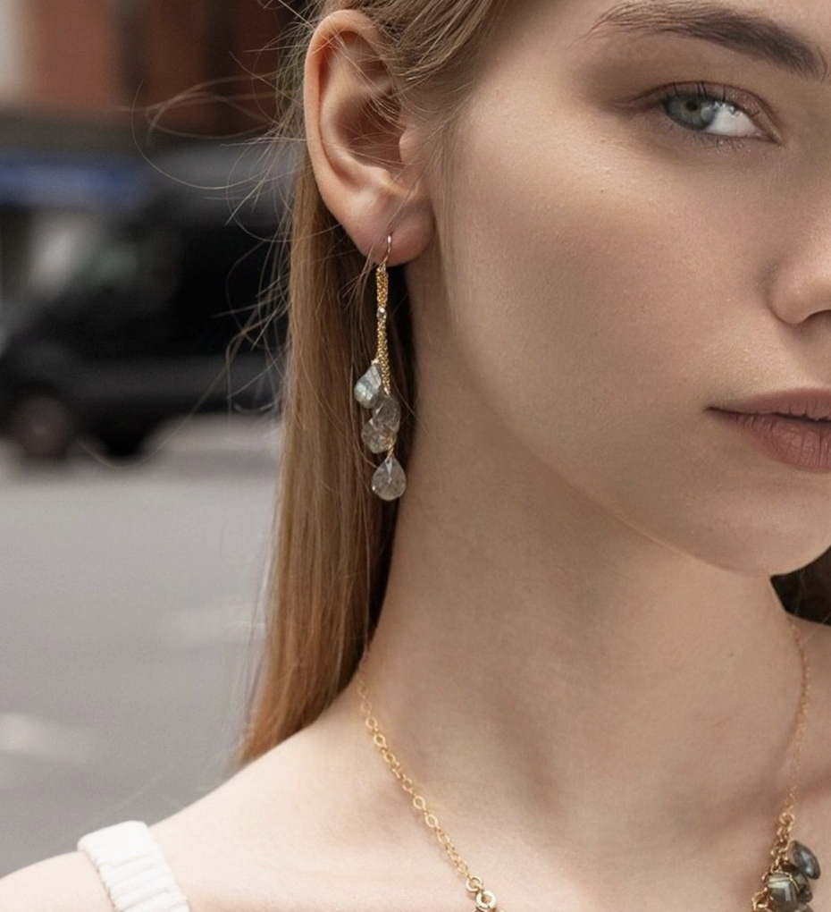 Image of Tumble-Cut Gem Drop Dangly Earrings, Grey Labradorite by Mabel Chong