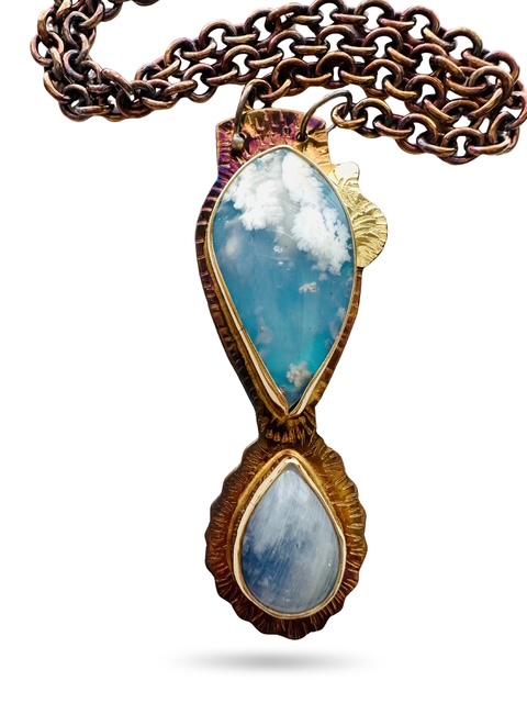 Image of 6 Sterling Silver, Fine Silver Bezels, 18k Gold, Plume Agate over Blue Resin and Rainbow Moonstone Necklace with Sterling Silver Chain and Lobster Clasp by Julie Shaw