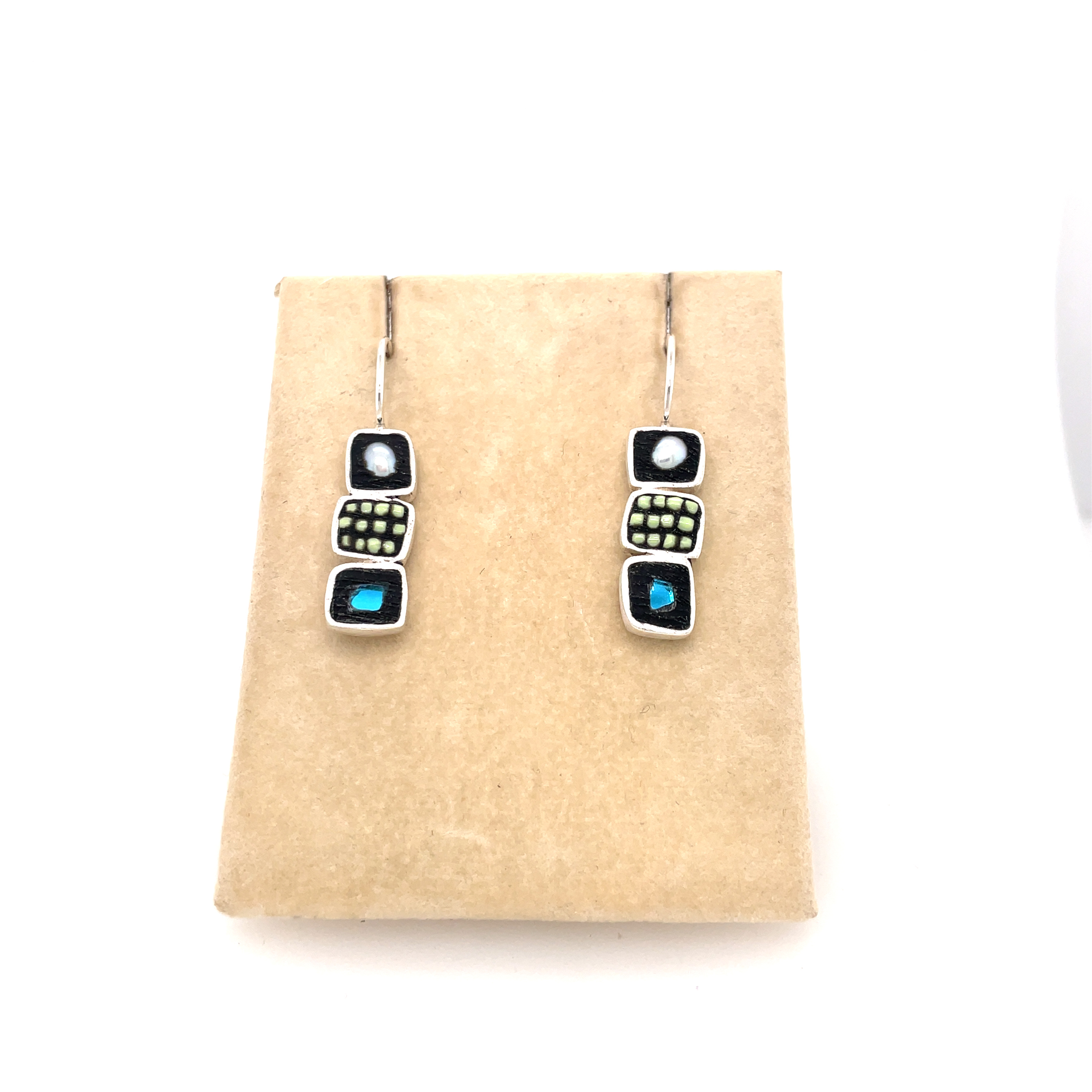 3 Square Earrings, Blue/Green and Pearl