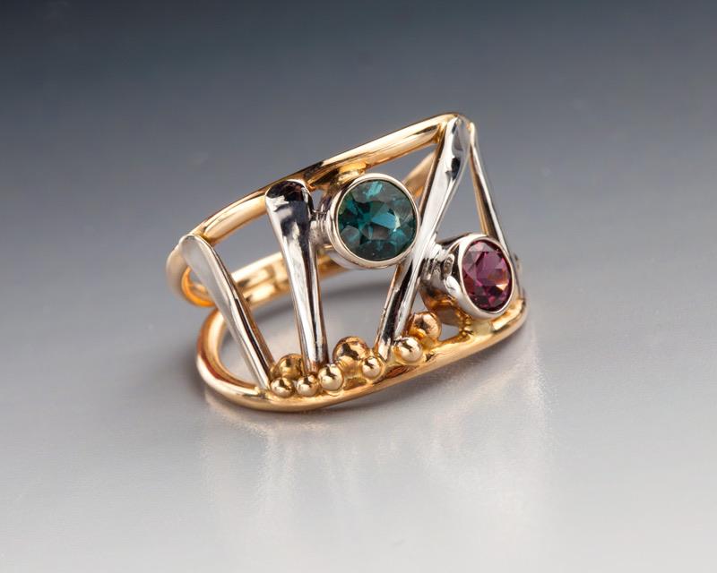Two Tone Gold (14k yellow and 14k white) with Garnet and Tourmaline Ring, size 6.75