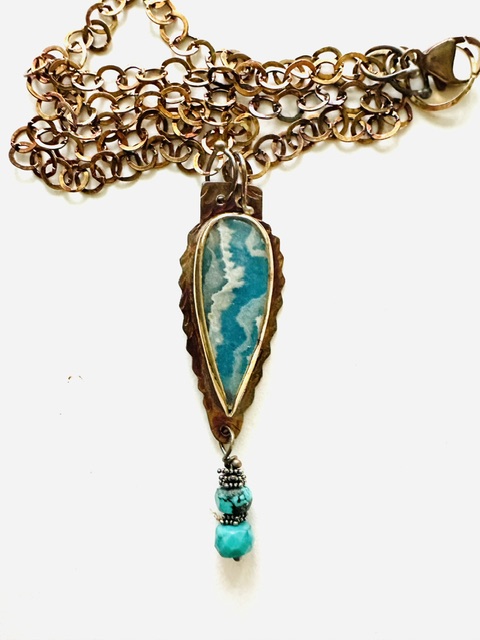 Image of 6 Sterling Silver, Fine Silver Bezel, and Plume Agate over Blue Resin Necklace with Chrysocolla Beads, Sterling Silver Chain, and Lobster Clasp by Julie Shaw
