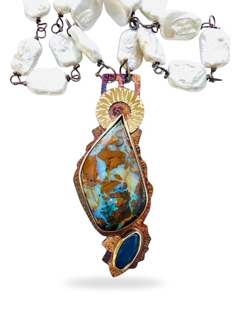 Image of 1 Sterling Silver, Fine Silver Bezels, 18k Gold, Boulder Opal and Kyanite Necklace with Pearls strung on Sterling Silver and Magnetic Clasp by  