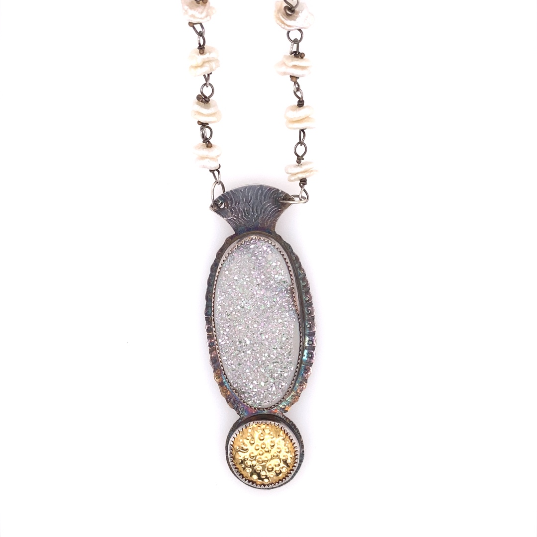 Titanium Plateed Druzy, Pearls, Amethyst, Sterling and 22k Necklace