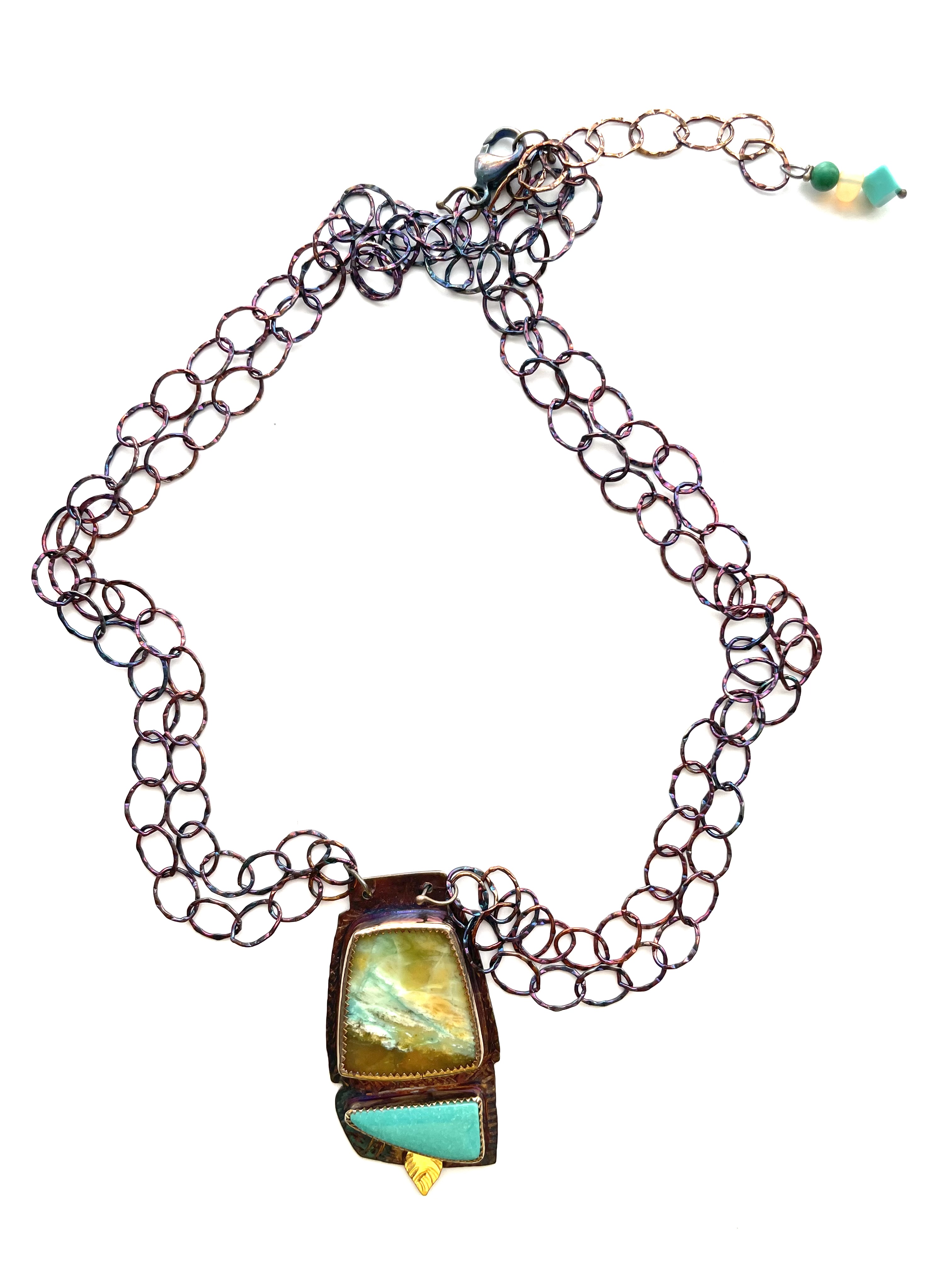 Sterling Silver, 18k Gold, Fine Silver Bezel, Blue Opal Petrified Wood, and Turquoise Necklace