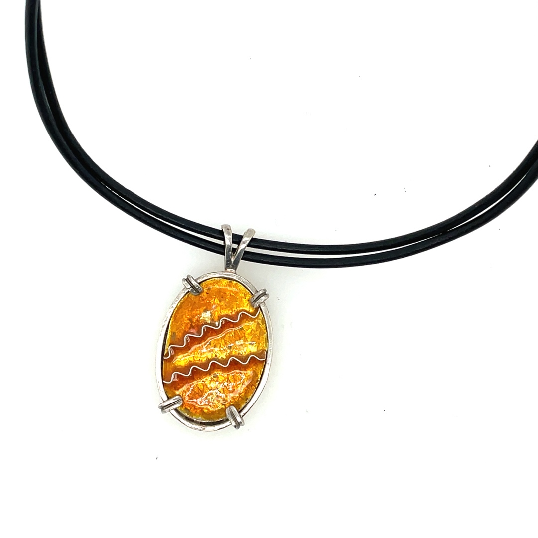 Cloisonne Oval Bezzeled Necklace On Double Leather Cord