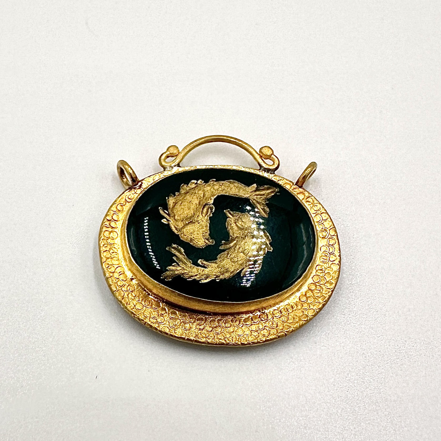 Image of 24 Karat Gold and Oxidized Sterling Hand Carved Green Agate Intaglio Centerpiece by Marcia McDonough