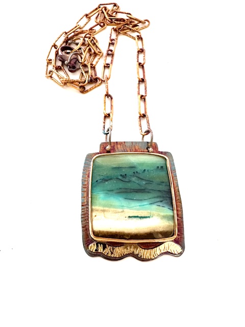 Image 2 for Sterling Silver, Fine Silver Bezel, 18k Gold, and Blue Opal Wood Necklace with Sterling Silver Chain and Lobster Clasp