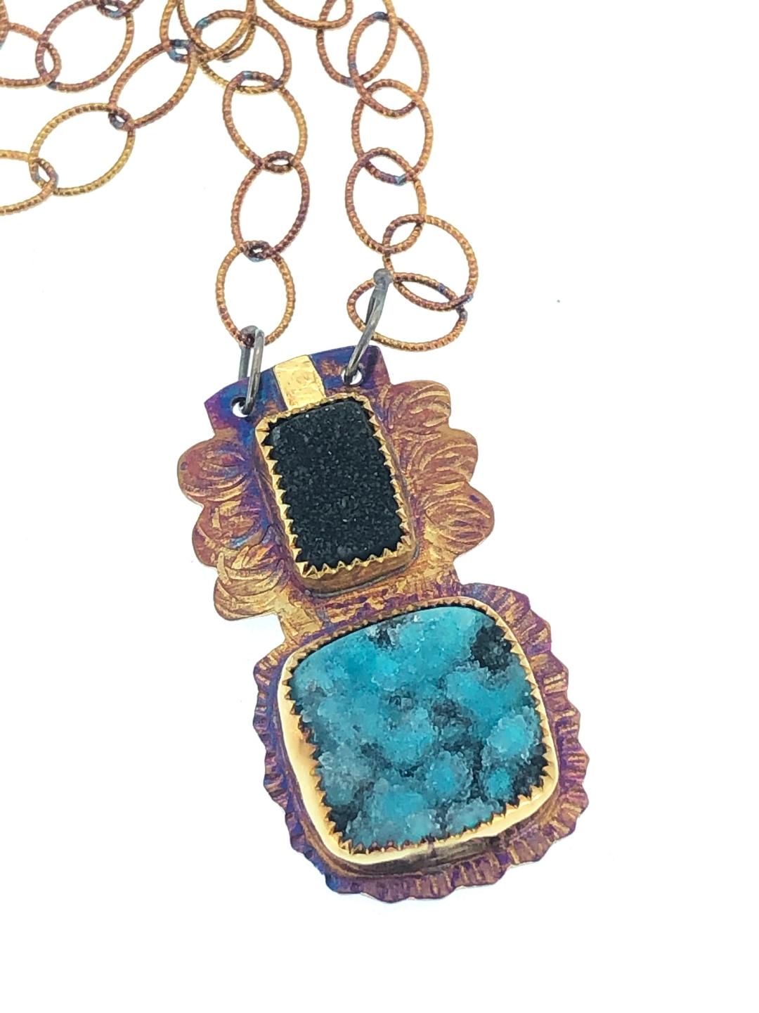 Image 1 for Blue and Black Necklace in s/s,22k gold, black quartz druzy and chrysocolla druzy. Chain 21 Blue and Black Necklace in s/s,22k gold, black quartz druzy and chrysocolla druzy. Chain 21