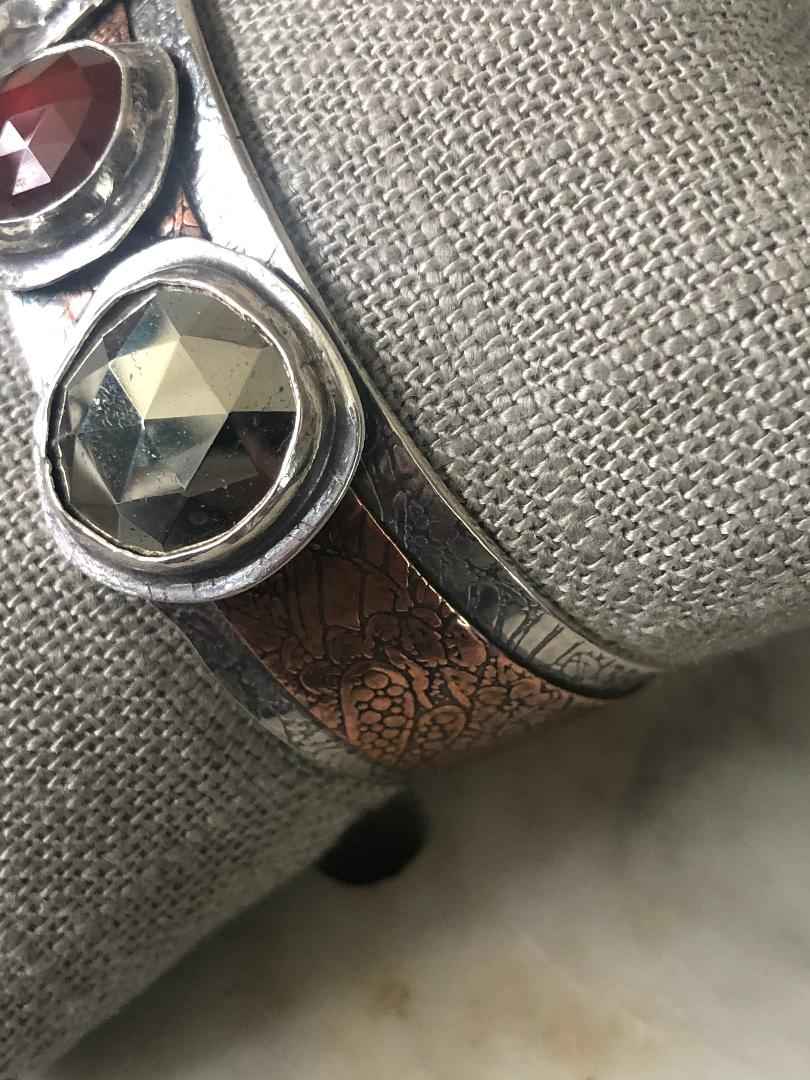 Mixed Gemstone Cuff Sterling, Copper, Labradorite, Grossular Garnet and Pyrite