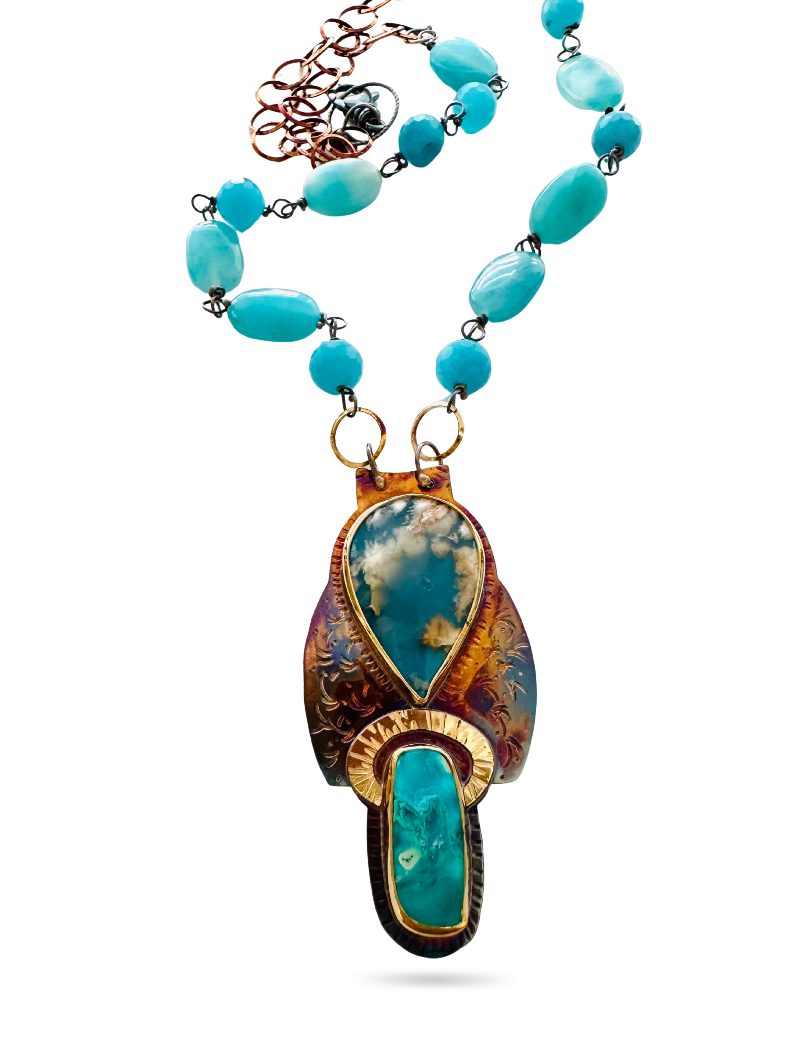 Image 2 for 6 Sterling Silver, Fine Silver Bezels, 18k Gold, Plume Agate with Blue Resin Backing and Chrysocolla Necklace with Peruvian Amazonite Beads, Sterling Silver Chain, and Revolving Lobster Clasp