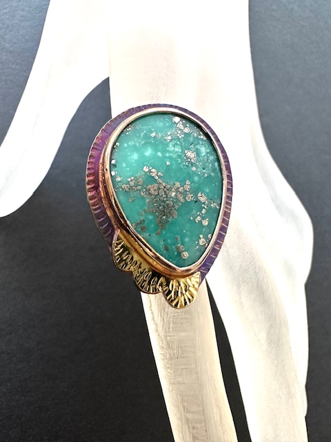 Image 3 for 1 Sterling Silver, Fine Silver Bezel, 18k Gold, and Campitos Turquoise with Pyrite Ring - Size 7.25