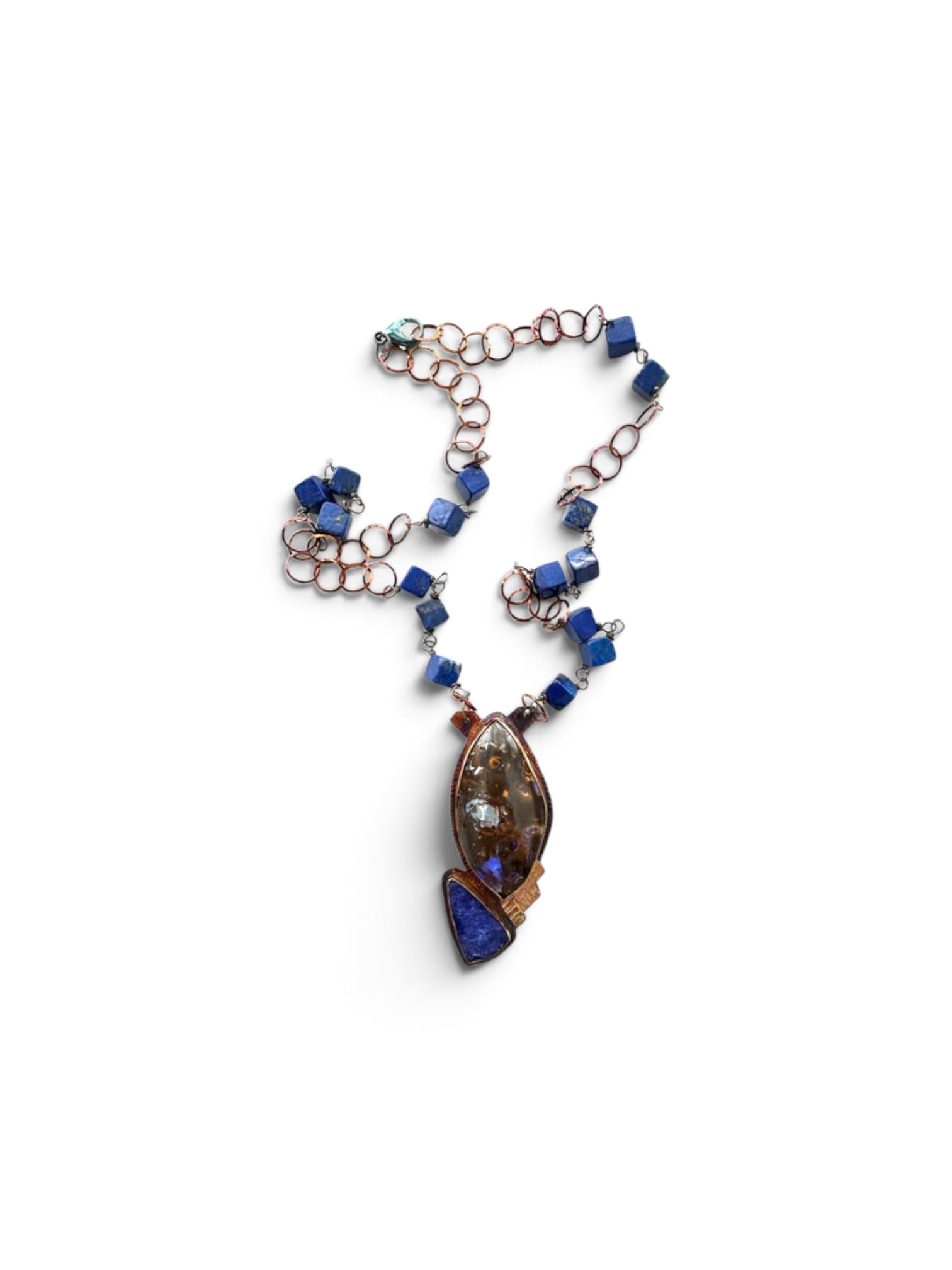 Image 2 for 1 Sterling Silver, Fine Silver Bezels, 18k Gold, Natural Surface Lapis Lazuli with Pyrite Specks, and Matrix Boulder Opal Necklace with Sterling Silver Chain, Lapis Beads strung on Sterling Silver and Lobster Clasp