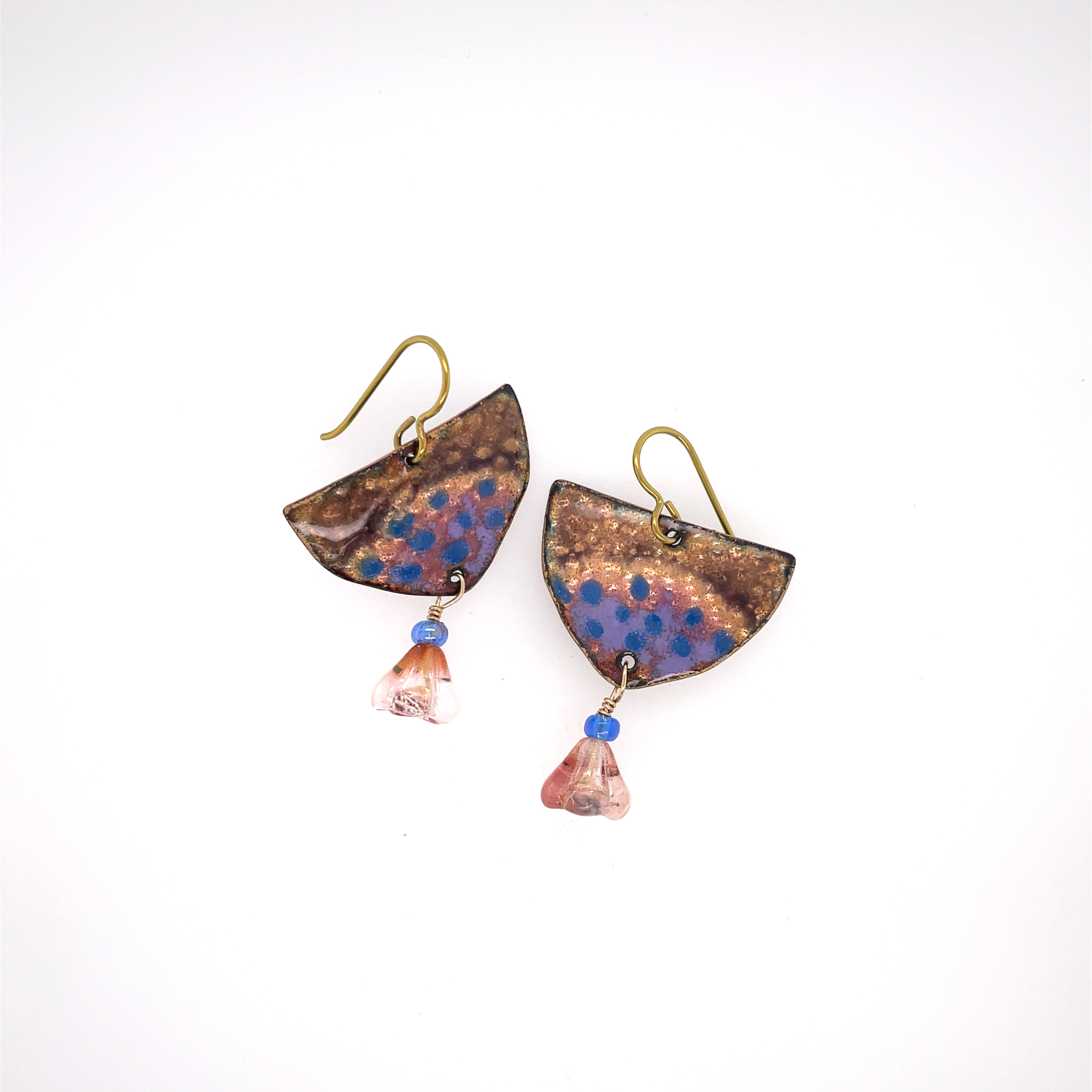 Dotted blue, crest-shape with dangle flower Earrings