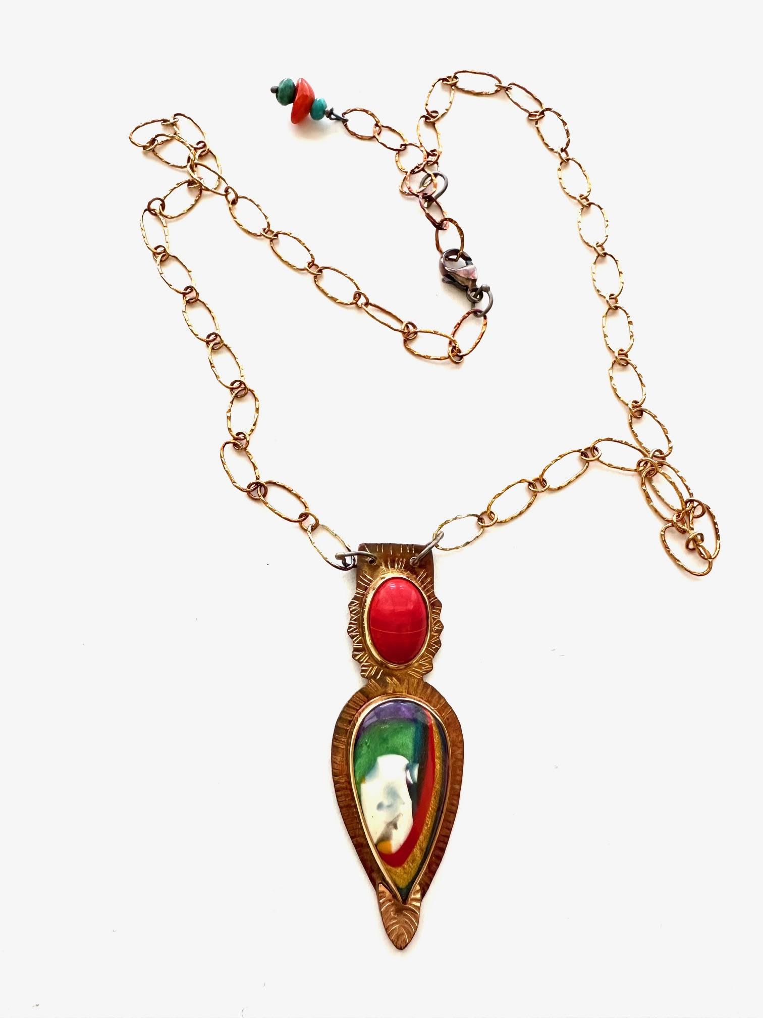 Image 2 for Sterling Silver, Fine Silver Bezels, 18k Gold, Rosarita Glass, and Surfite Necklace with Sterling Silver Chain and Lobster Clasp