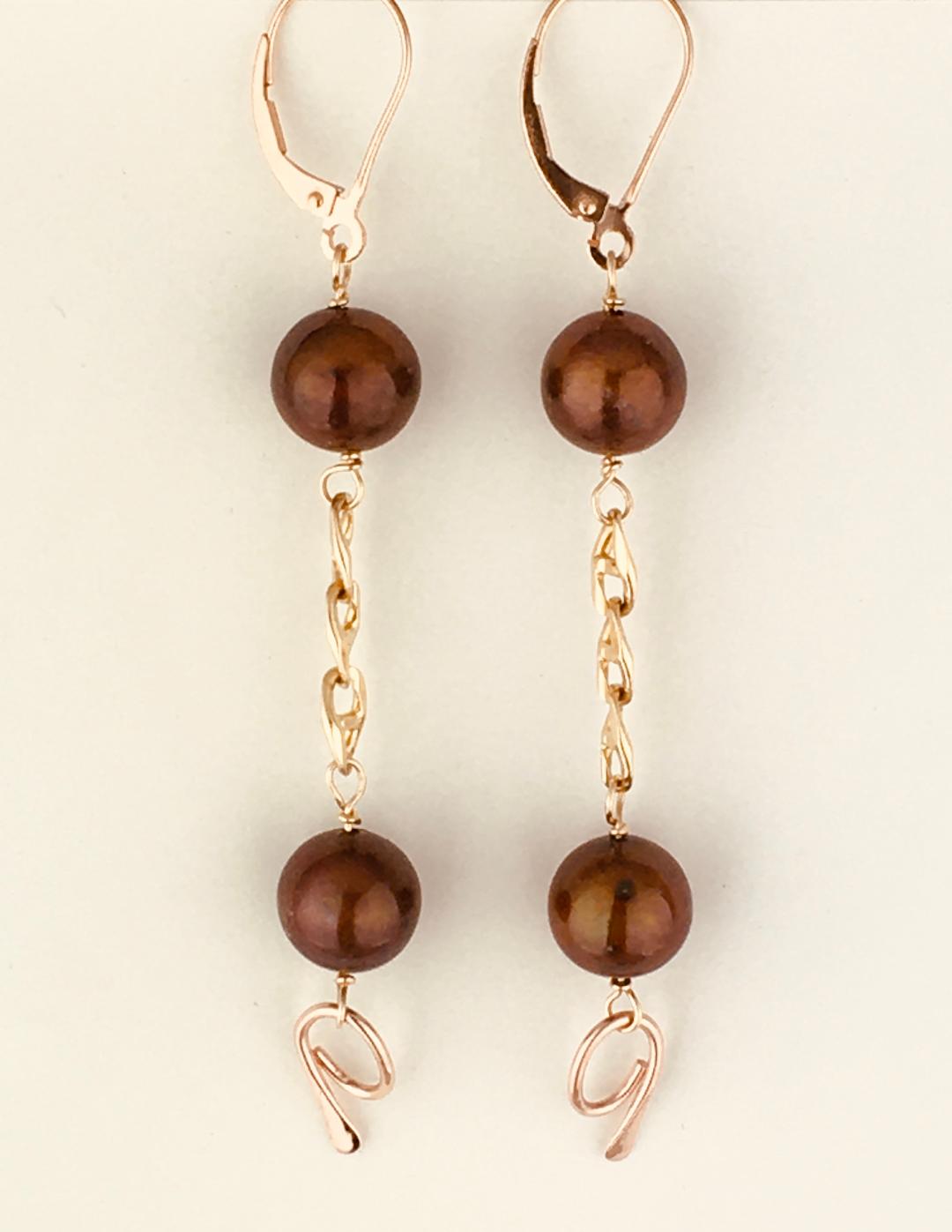 Gold Brown Freshwater Pearl Earrings with 14k yellow and rose golds