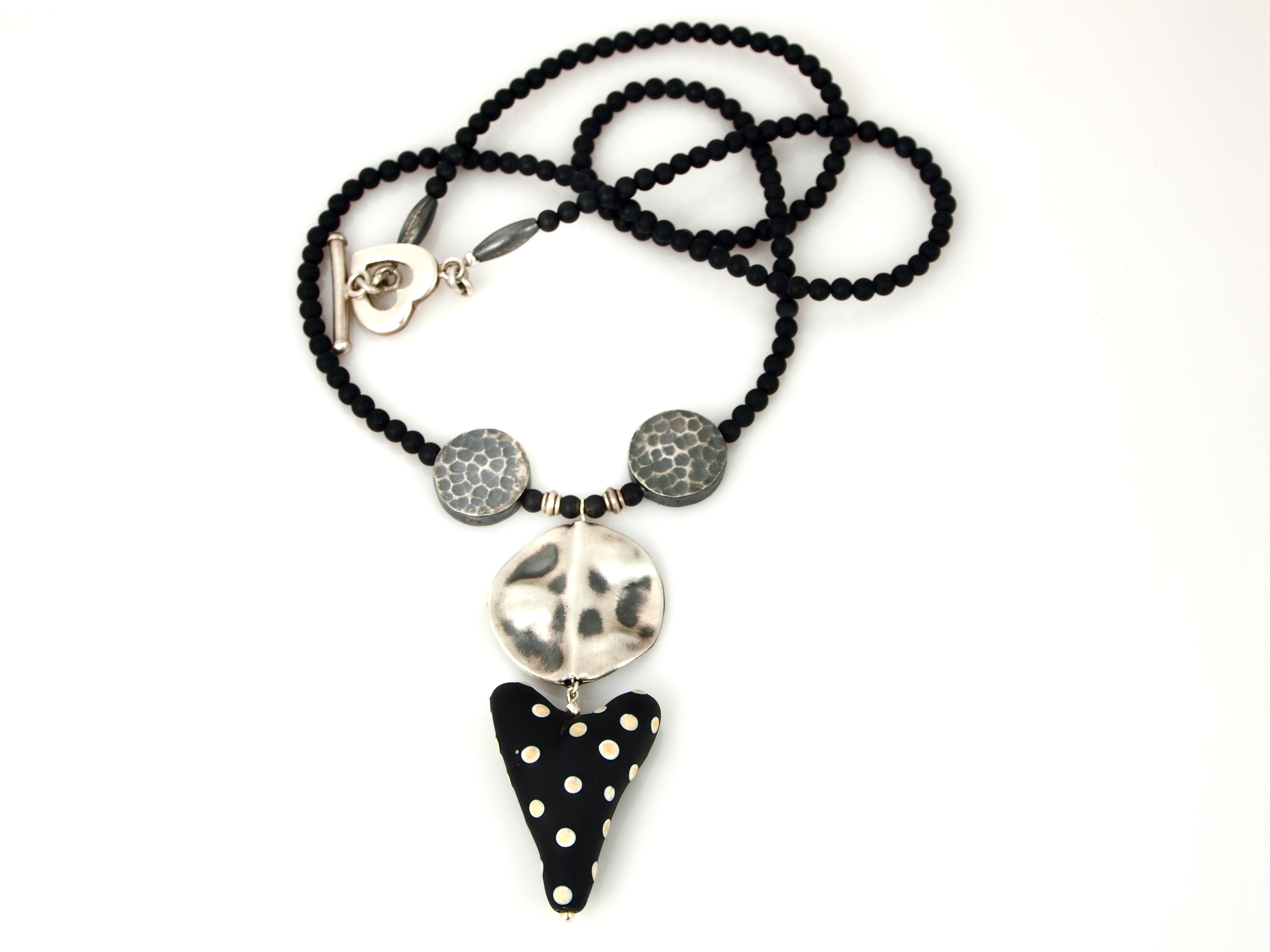 Polka Dot Heart Necklace - Oxidized Silver, Onyx and Handmade Antique Glass Polka Dot Heart Bead from Italy, 30