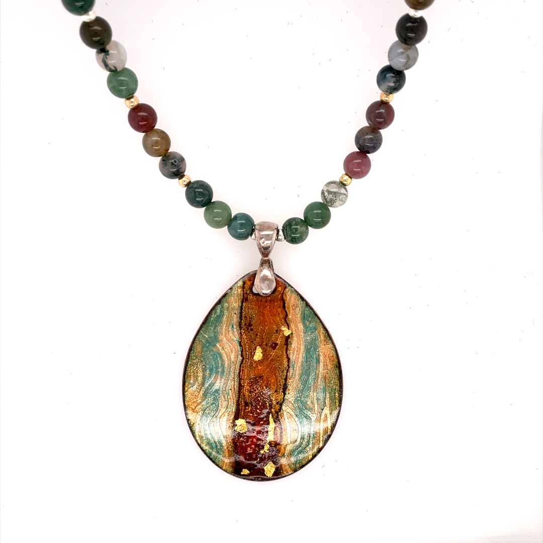 Oval Bassetaille Pendant, Copper Enamel on Stone Beads 18