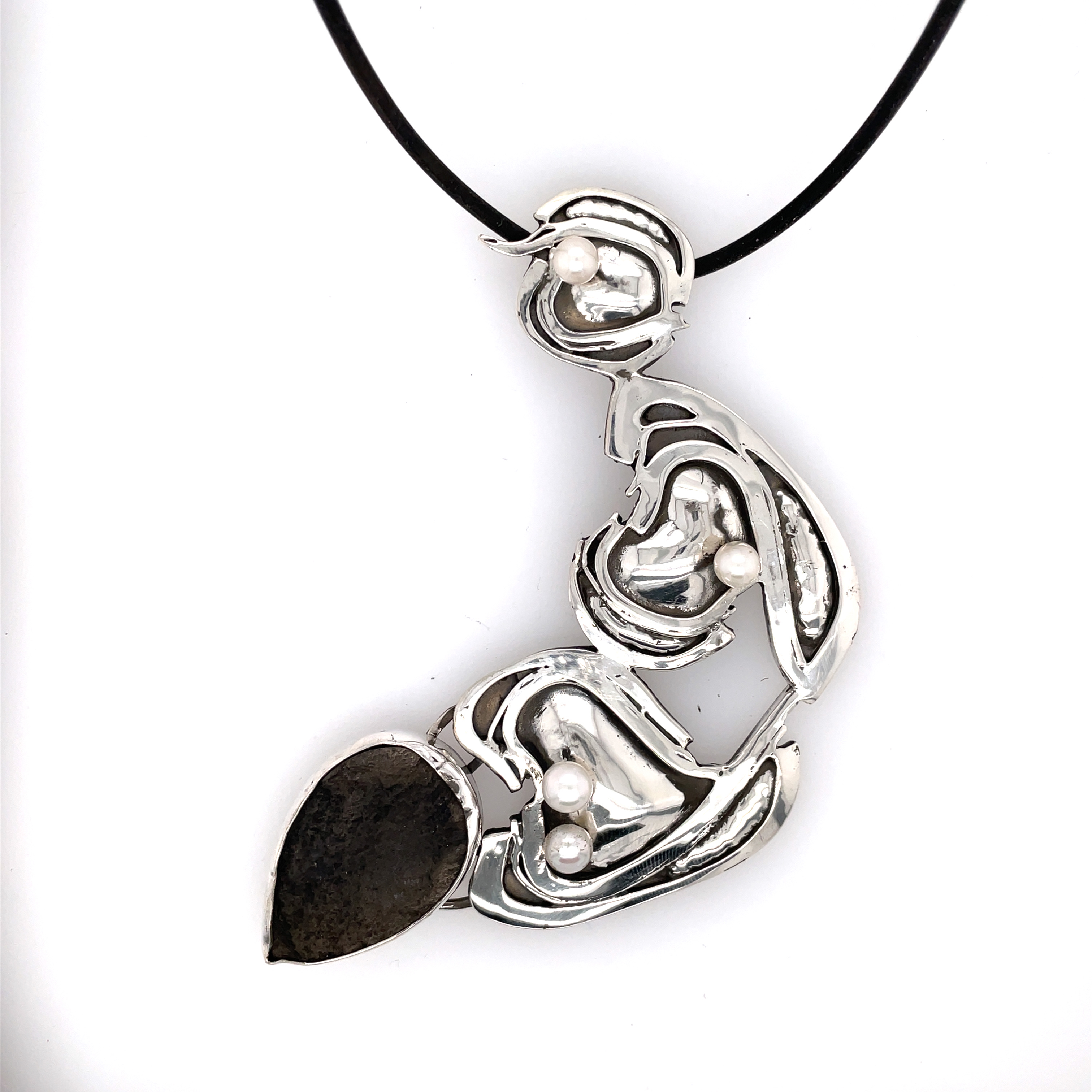 Heart Pendant - Silver, Pearls and Black Jade