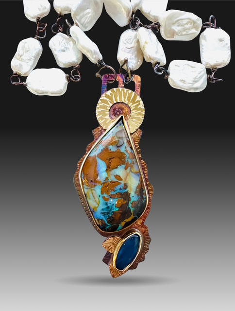 Image of 1 Sterling Silver, Fine Silver Bezels, 18k Gold, Boulder Opal and Kyanite Necklace with Pearls strung on Sterling Silver and Magnetic Clasp by  
