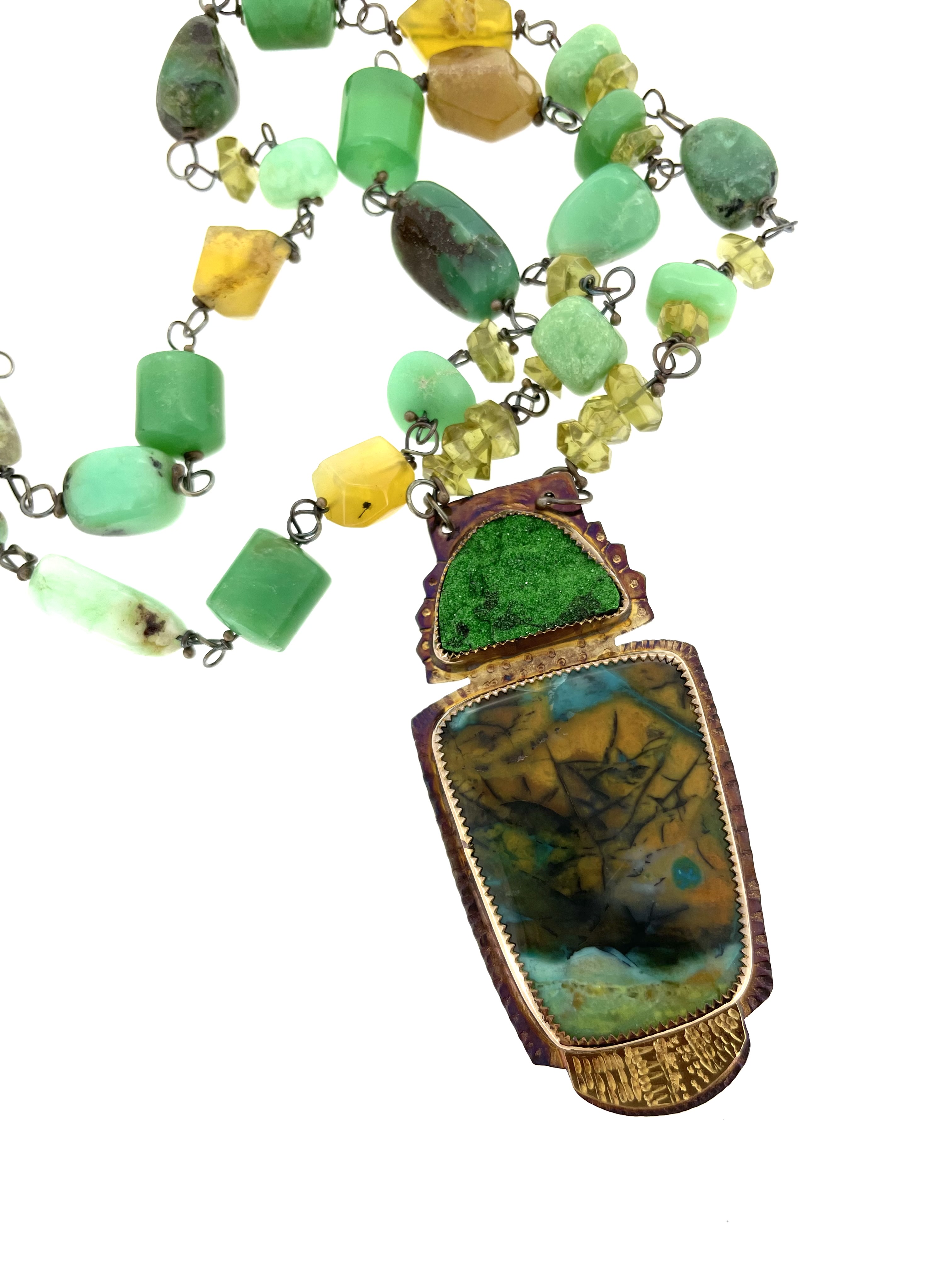 Sterling Silver, 22k Gold, Uvarovite Druzy, Blue Opal Petrified Wood, Chrysoprase Beads, Peruvian Opal and Green Garnet Necklace