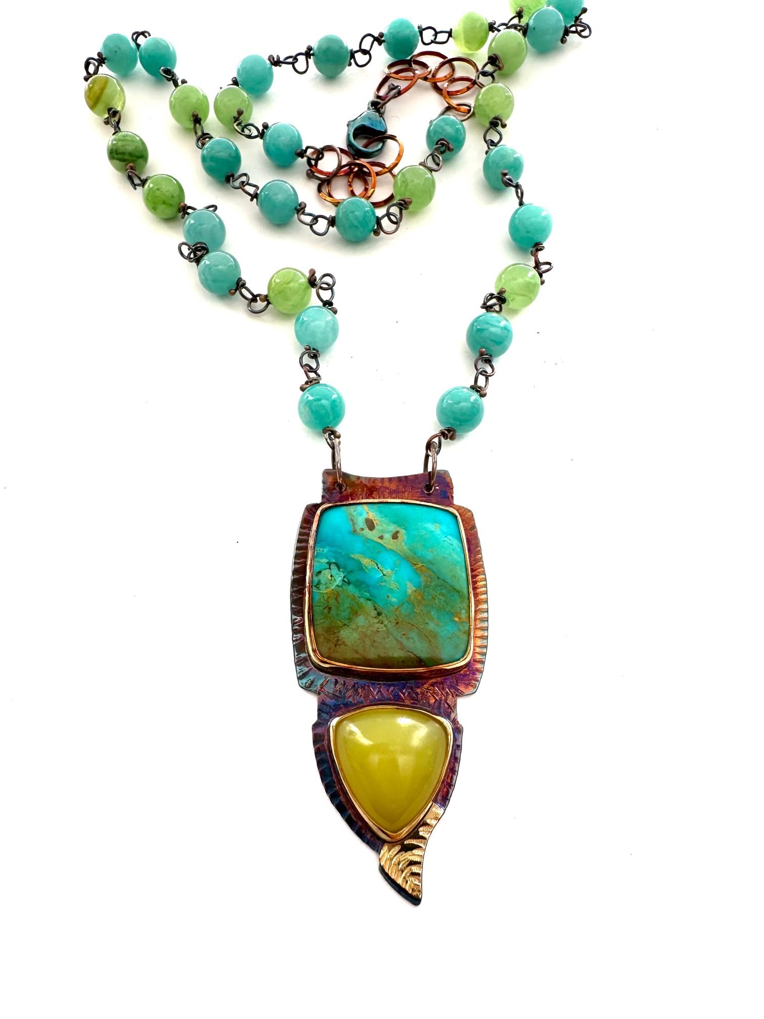 Image 2 for Sterling Silver, Fine Silver Bezels, 18k Gold, Kingman Mine Turquoise, and Serpentine Necklace with Amazonite and Green Calcite Beads and Lobster Clasp