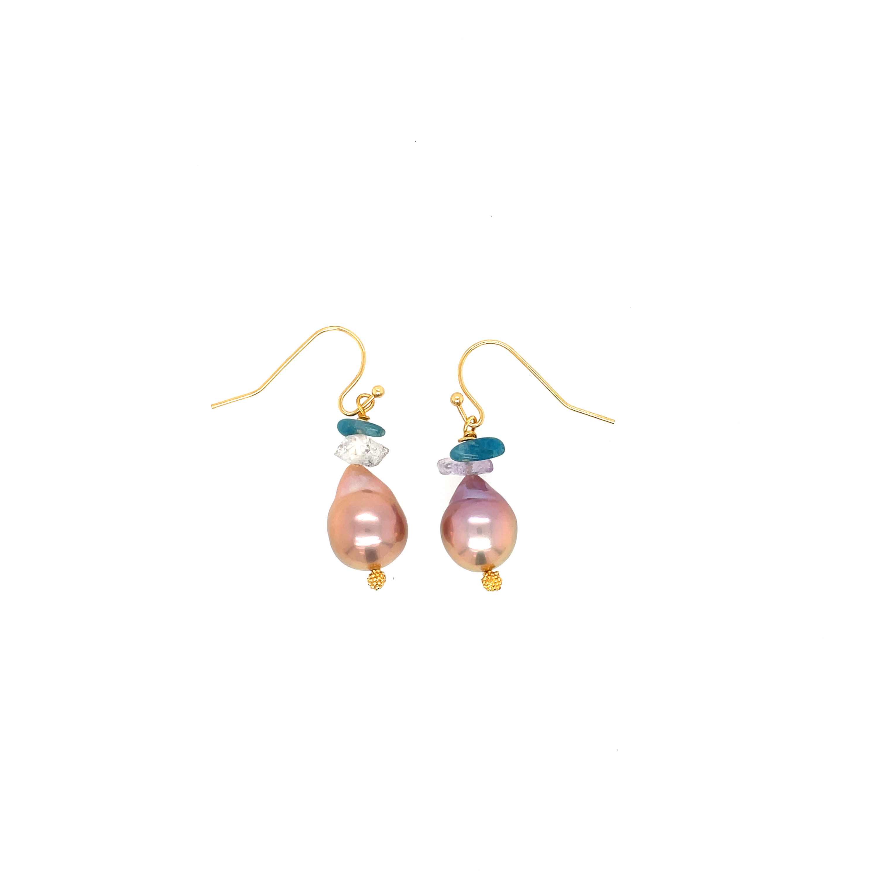 Prismatic drop shape, sherbet, colored pearl earrings on Goldfield shepherd hooks