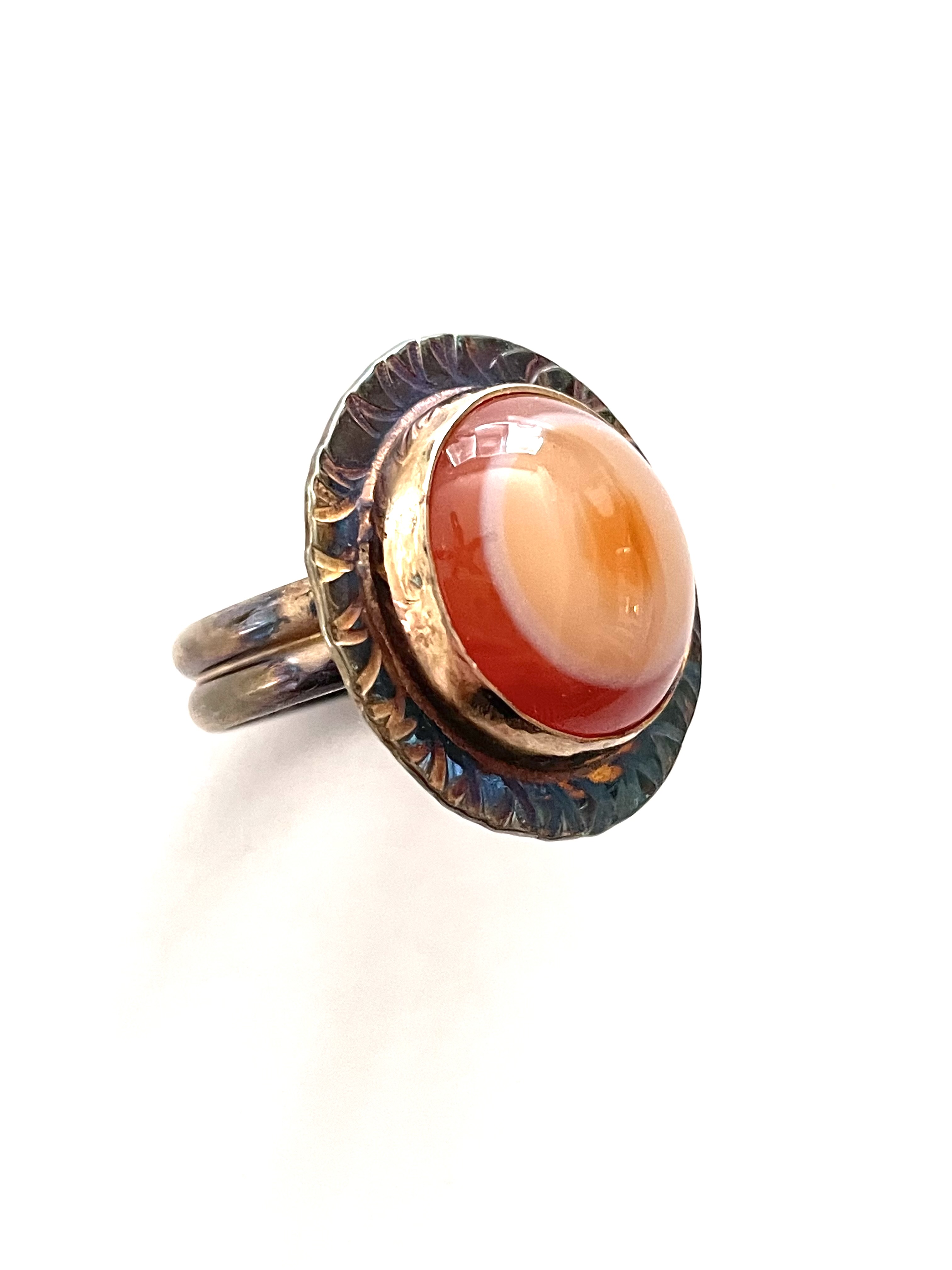 Sterling Silver, Fine Silver Bezel, and Natural Bulls Eye in Banded Carnelian from Indonesia Ring, Size 7
