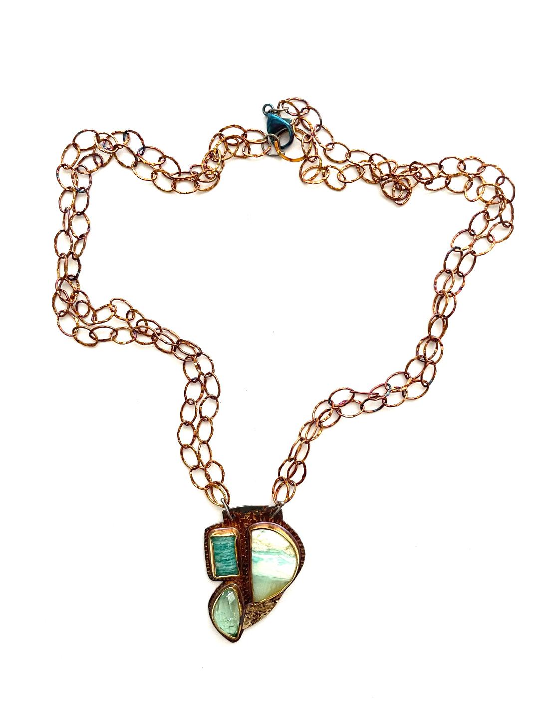 Sterling Silver, 18k Gold, Amazonite, Green Tourmaline, and Blue Opal Petrified Wood Necklace