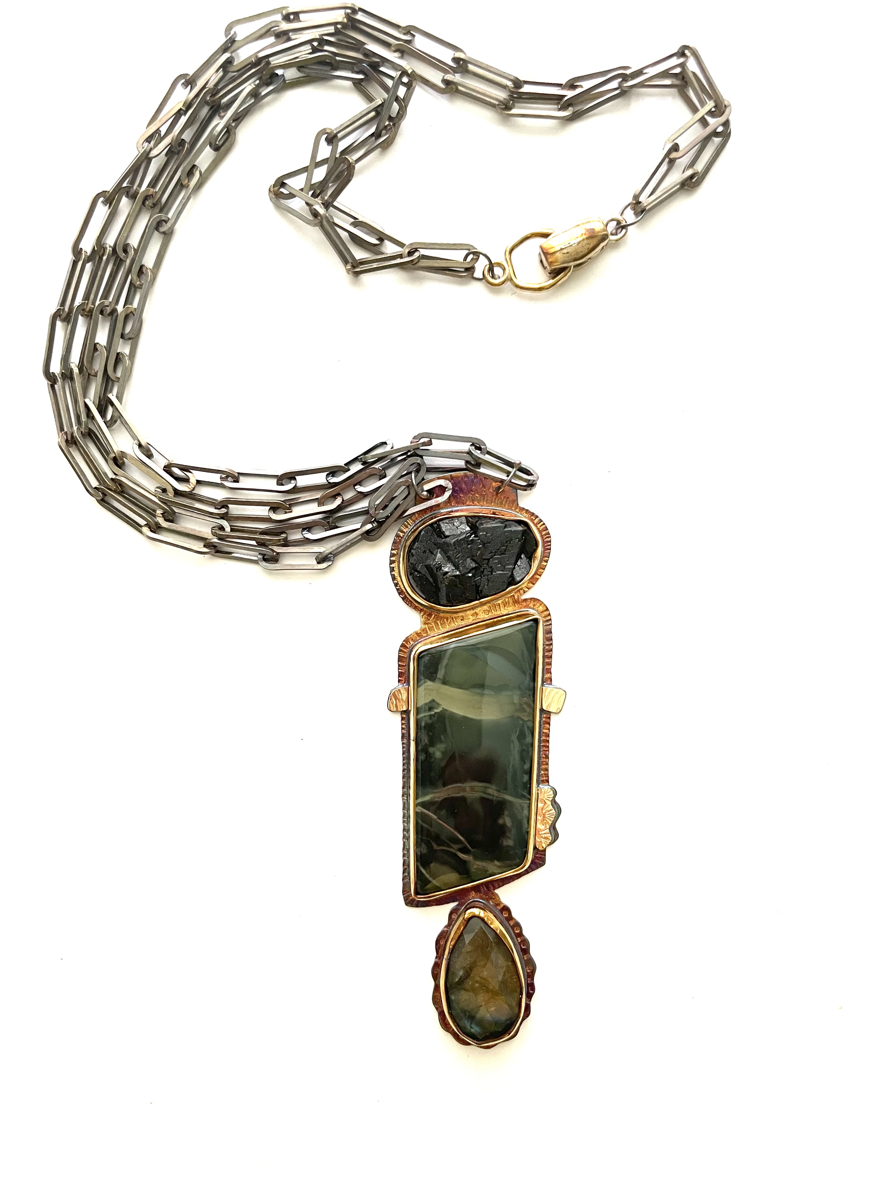 Sterling Silver, 18k Gold, Natural Surface Black Garnet, Morrison Ranch Jasper, and Faceted Labradorite Necklace with Magnetic Clasp