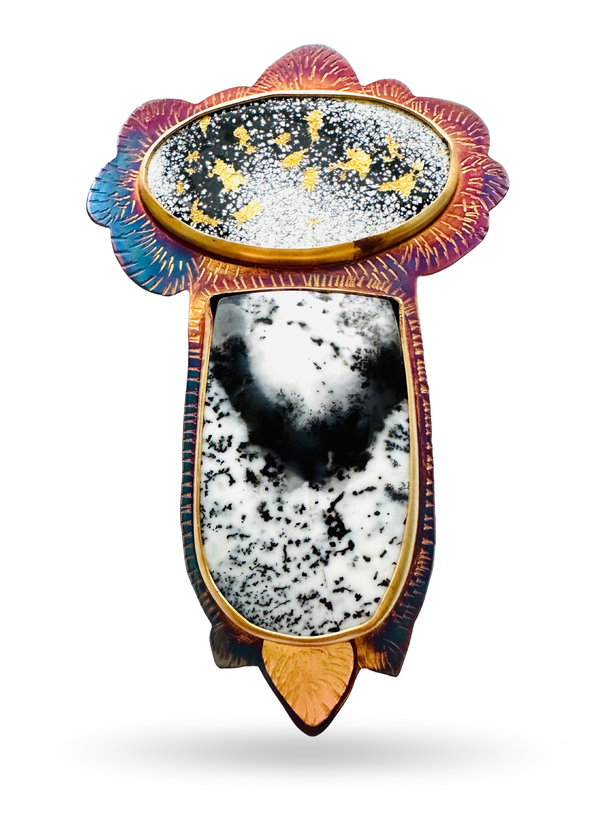 Image of 7 Sterling Silver, Fine Silver Bezels, 18k Gold, Gold Leaf in Enamel on Copper and Dentric Opal Brooch by Julie Shaw