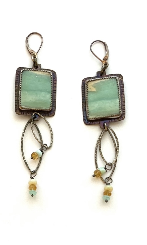 Sterling Silver, Blue Opal Petrified Wood Earrings with Citrine and Australian Opal Beads