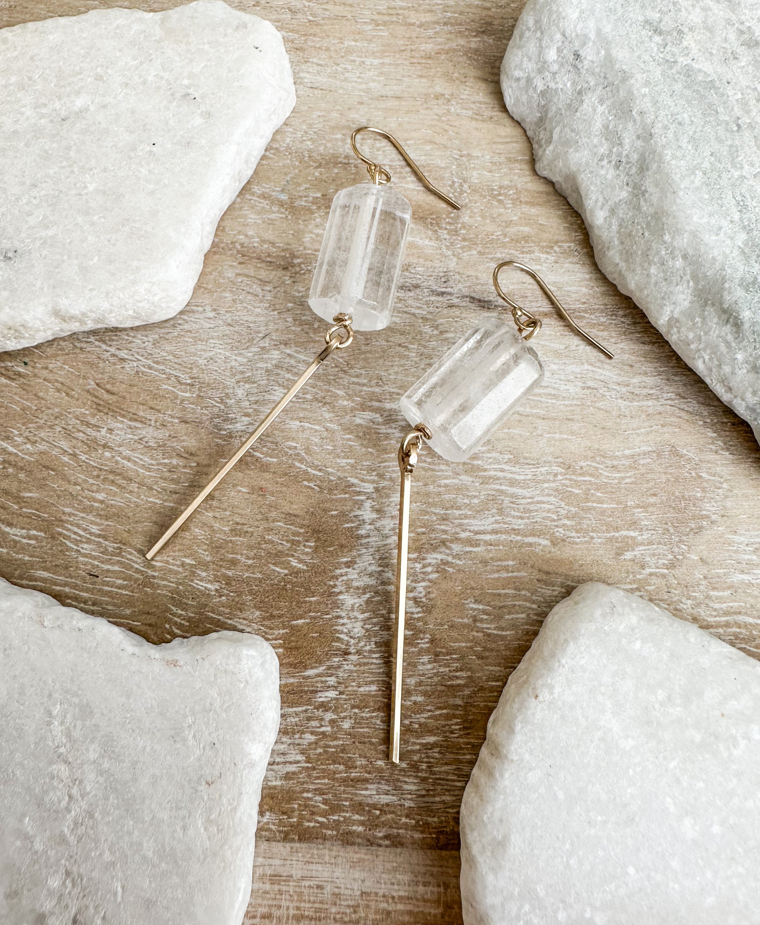 Image of Crystal Rock Quartz Linear Barrel Earrings with Swing Bar Bottom - 14k Gold Fill - Trunk Show by  RACH B Jewelry