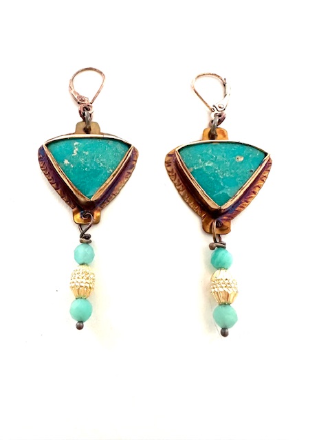 Image of Sterling Silver, Fine Silver Bezels, Kingman Mine Turquoise from the 70's, Chrysocolla Beads, and Gold Filled Bead Earrings on Levers by Julie Shaw