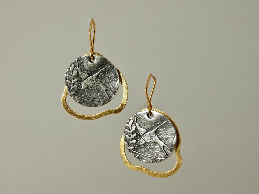 In Flight Among The Clouds Earrings in Artisan Cast Sterling Silver and 22kt Gold Plate