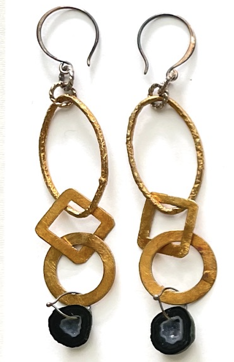 Gold Plated Brass and Natural Quartz Geode  Earrings in Sterling Silver