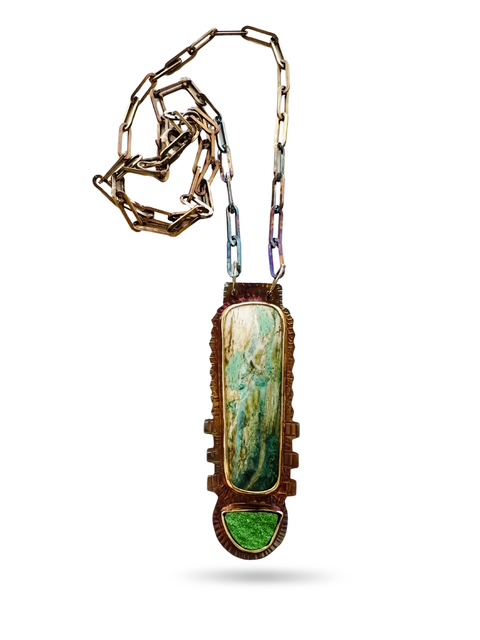 Image 2 for 2 Sterling Silver, Fine Silver Bezels, rare Colla Wood from Turkey, and Uvarovite Necklace with Sterling Silver Chain