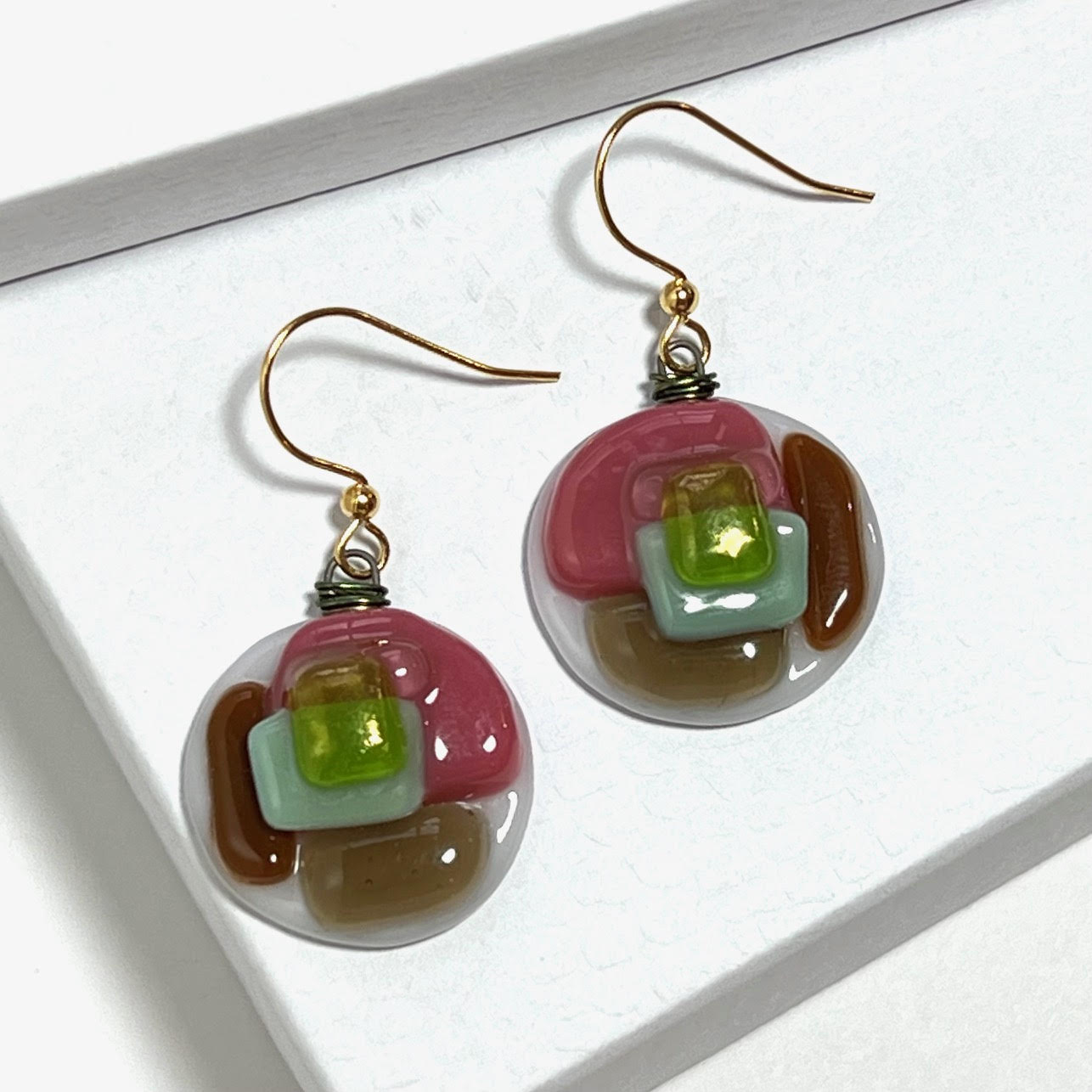 BLOOM Fused Glass Green, Pink and Mauve Earrings