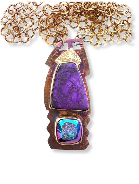 Image 3 for 3 Sterling Silver, Fine Silver Bezels, 18k Gold, Sugilite, and titanium plated Quartz Druzy Necklace with Sterling Silver Chain